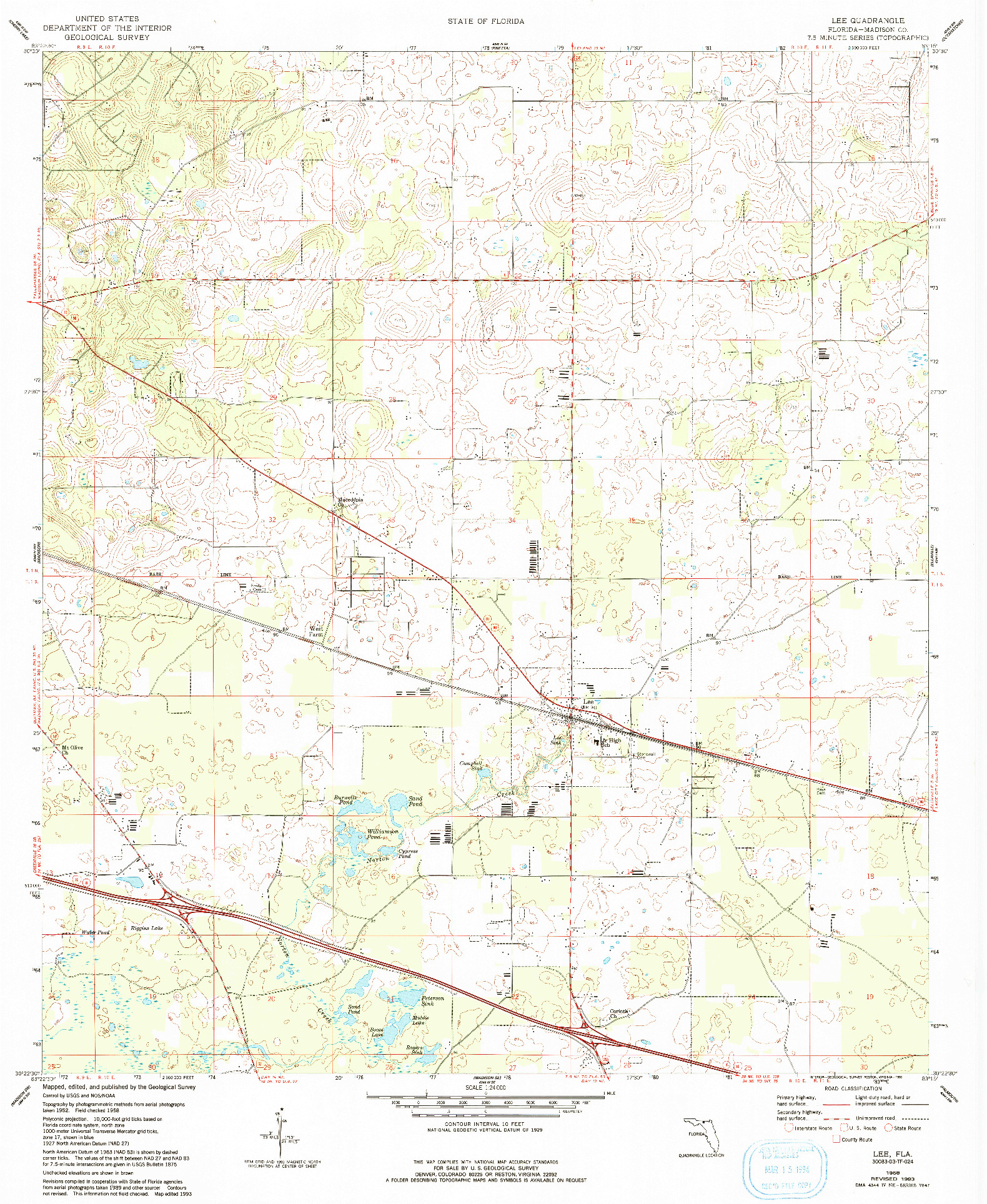 USGS 1:24000-SCALE QUADRANGLE FOR LEE, FL 1958