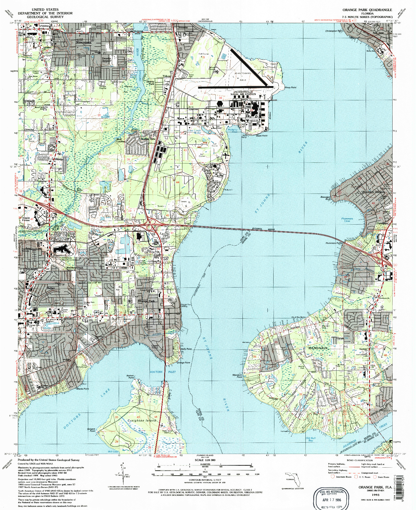 USGS 1:24000-SCALE QUADRANGLE FOR ORANGE PARK, FL 1993