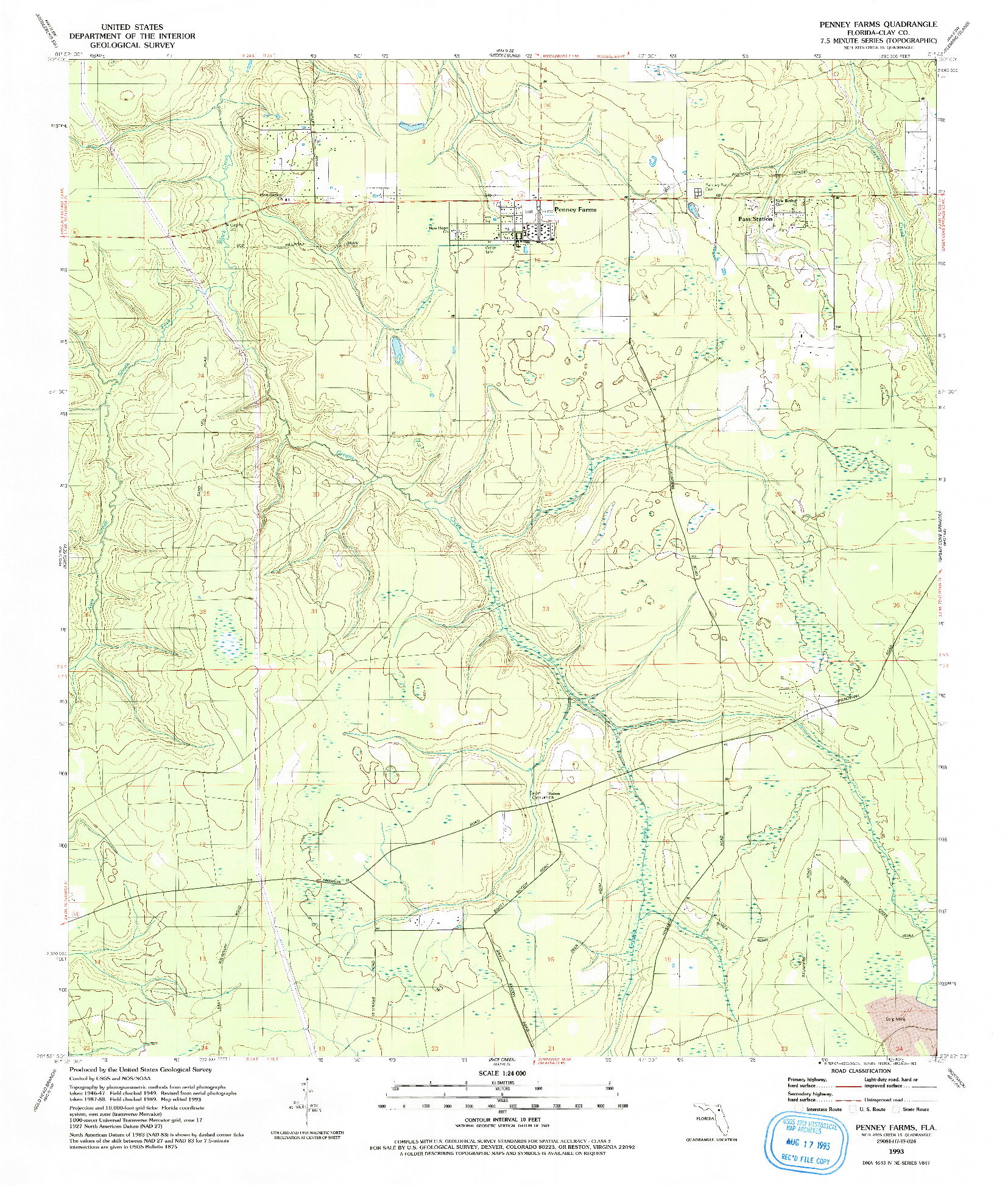 USGS 1:24000-SCALE QUADRANGLE FOR PENNEY FARMS, FL 1993