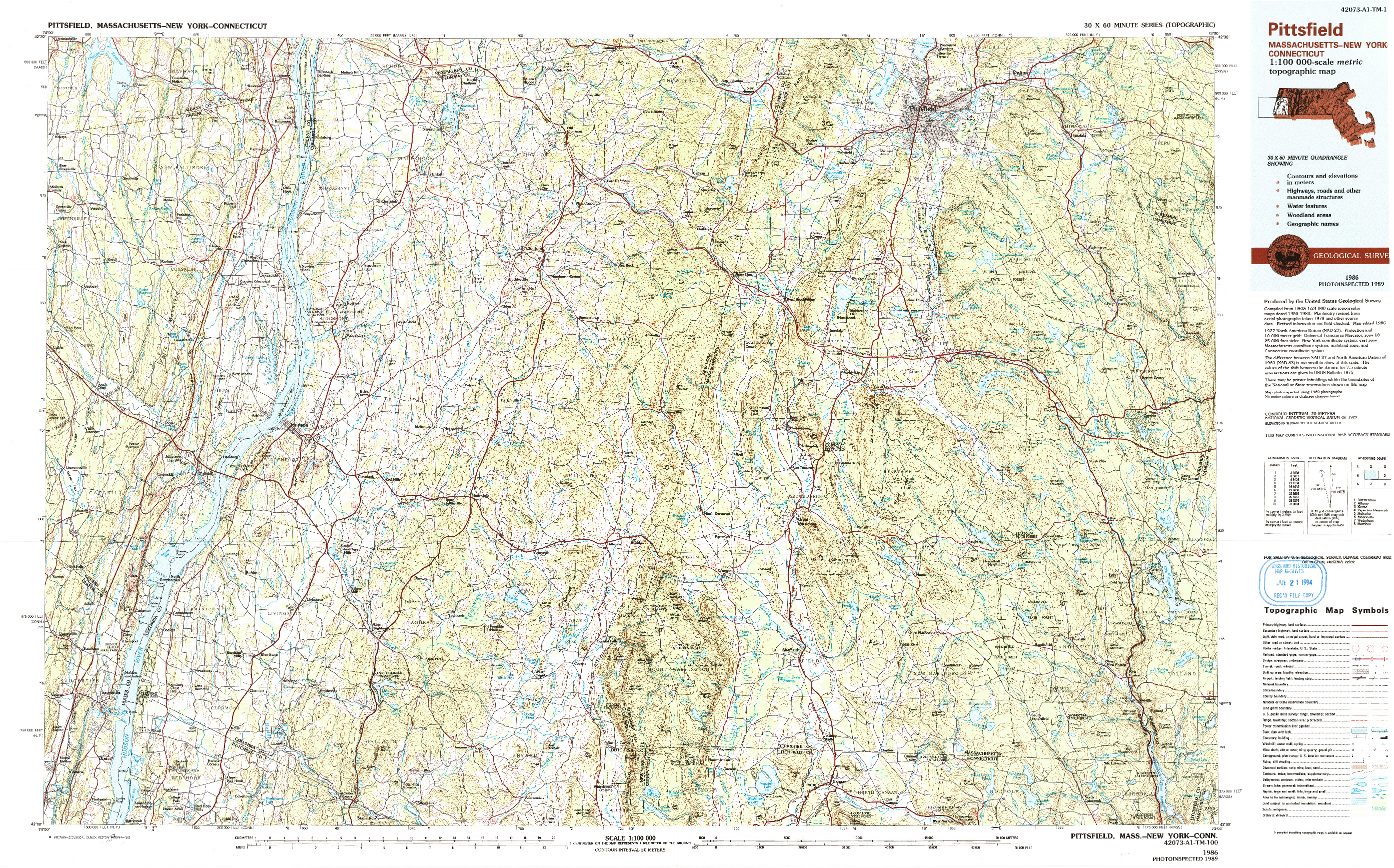 USGS 1:100000-SCALE QUADRANGLE FOR PITTSFIELD, MA 1986