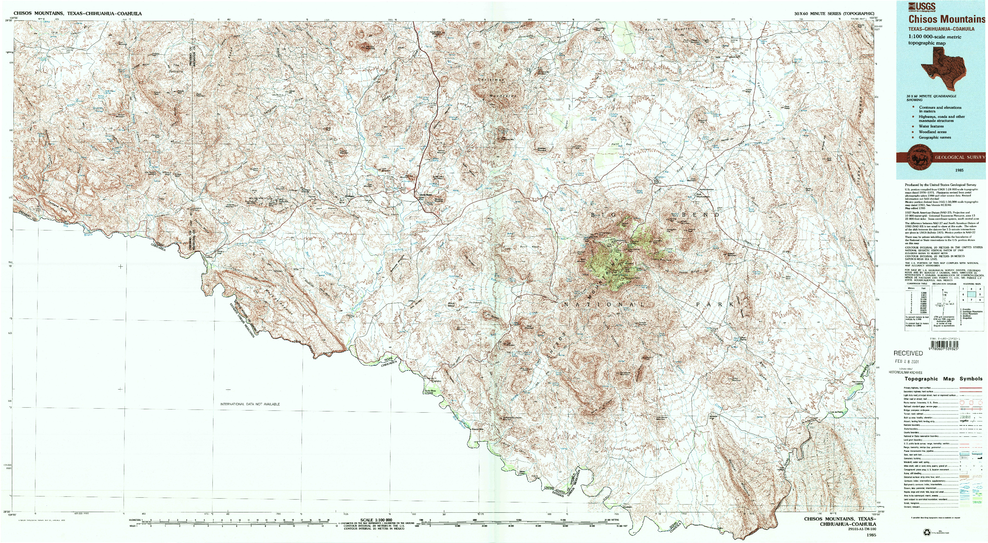 USGS 1:100000-SCALE QUADRANGLE FOR CHISOS MOUNTAINS, TX 1985