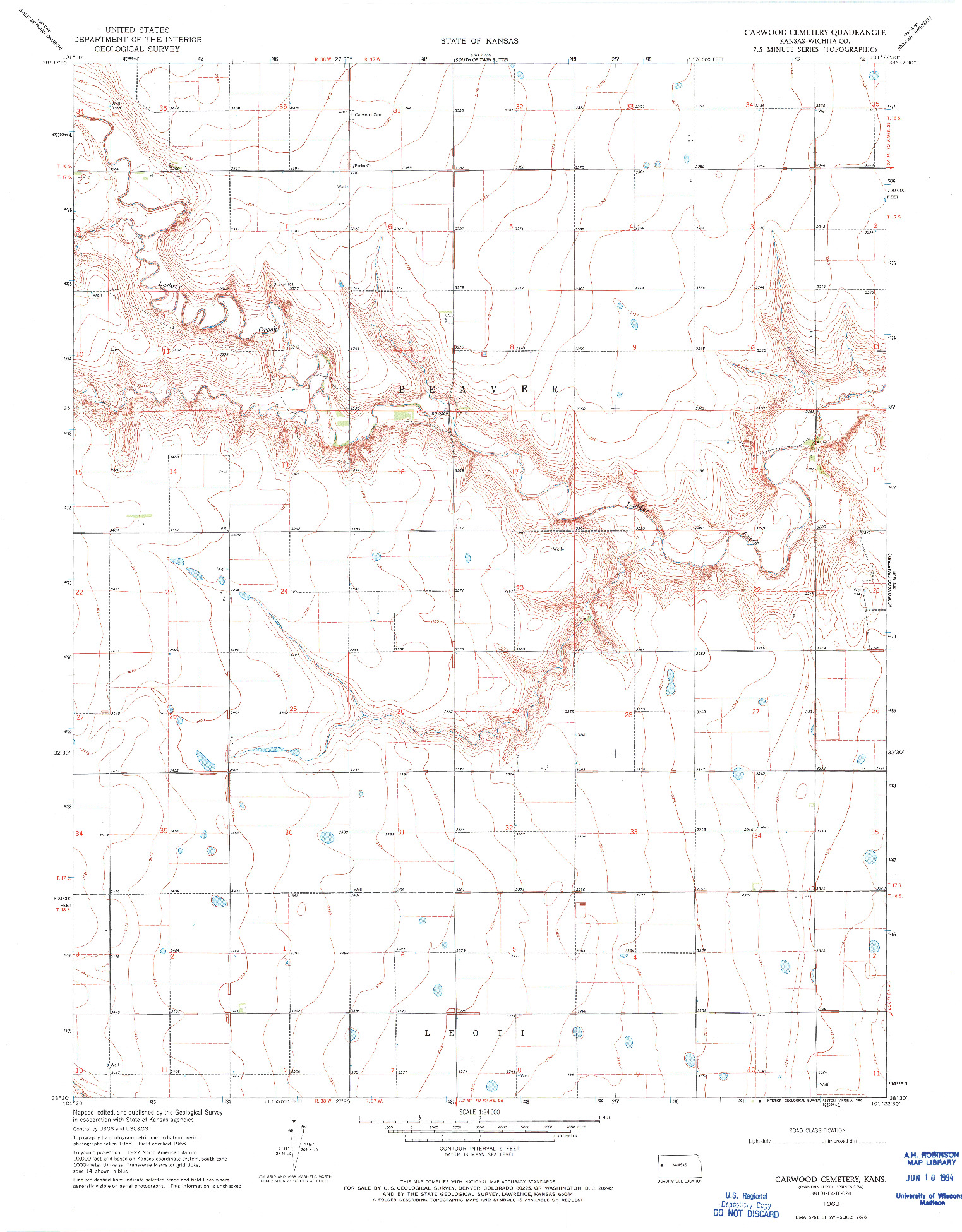 USGS 1:24000-SCALE QUADRANGLE FOR CARWOOD CEMETERY, KS 1968