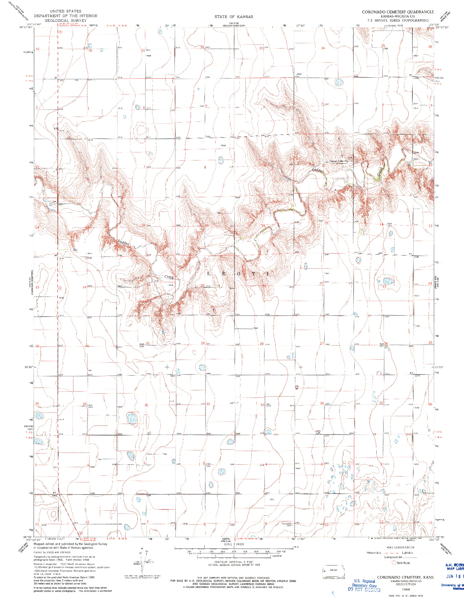 USGS 1:24000-SCALE QUADRANGLE FOR CORONADO CEMETERY, KS 1968