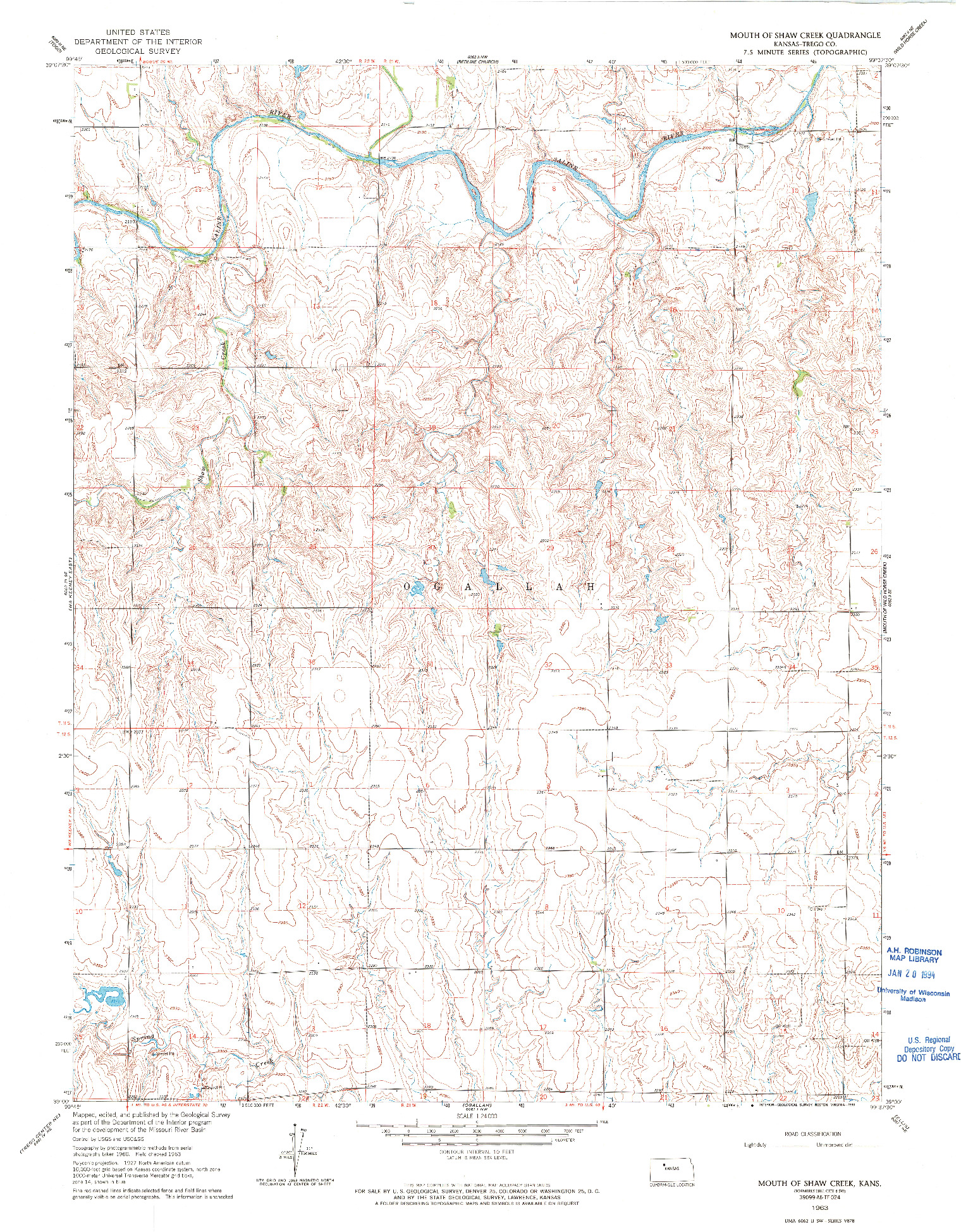 USGS 1:24000-SCALE QUADRANGLE FOR MOUTH OF SHAW CREEK, KS 1963