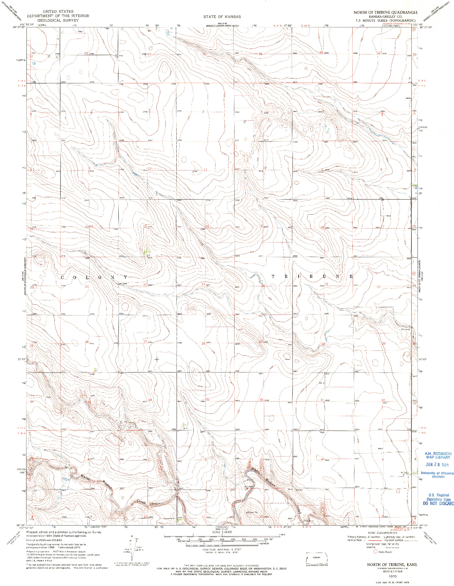 USGS 1:24000-SCALE QUADRANGLE FOR NORTH OF TRIBUNE, KS 1970