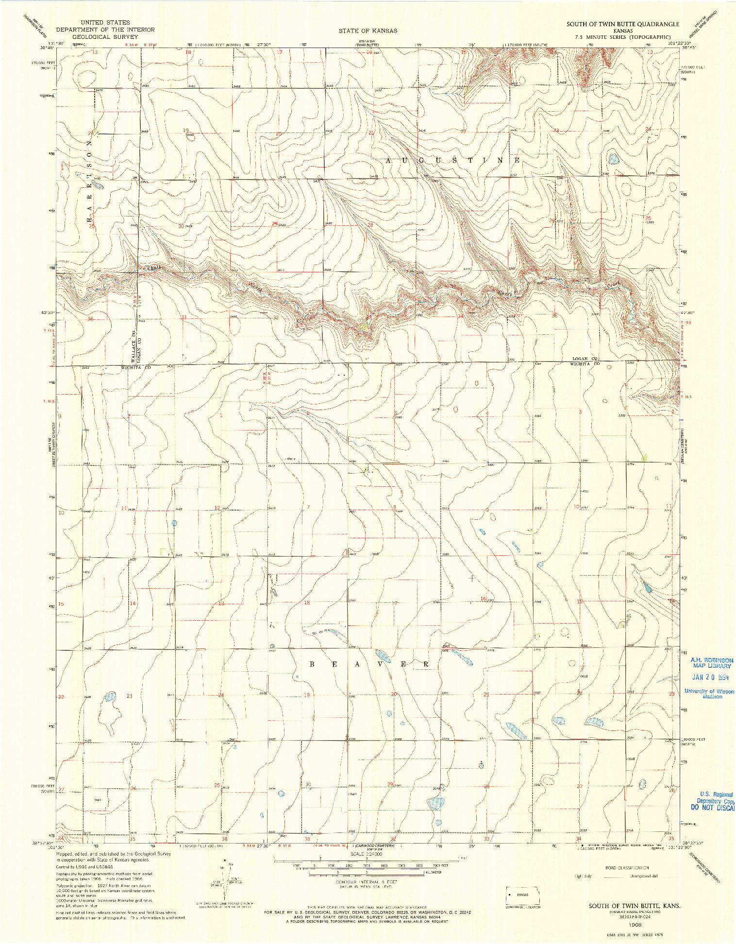 USGS 1:24000-SCALE QUADRANGLE FOR SOUTH OF TWIN BUTTE, KS 1968