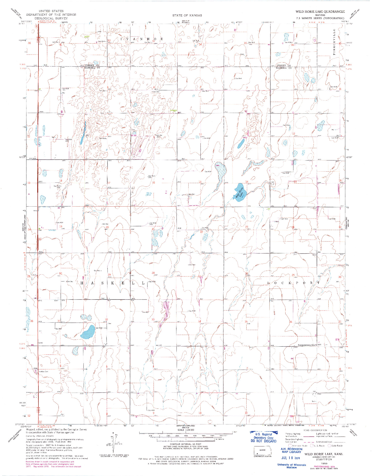 USGS 1:24000-SCALE QUADRANGLE FOR WILD HORSE LAKE, KS 1959