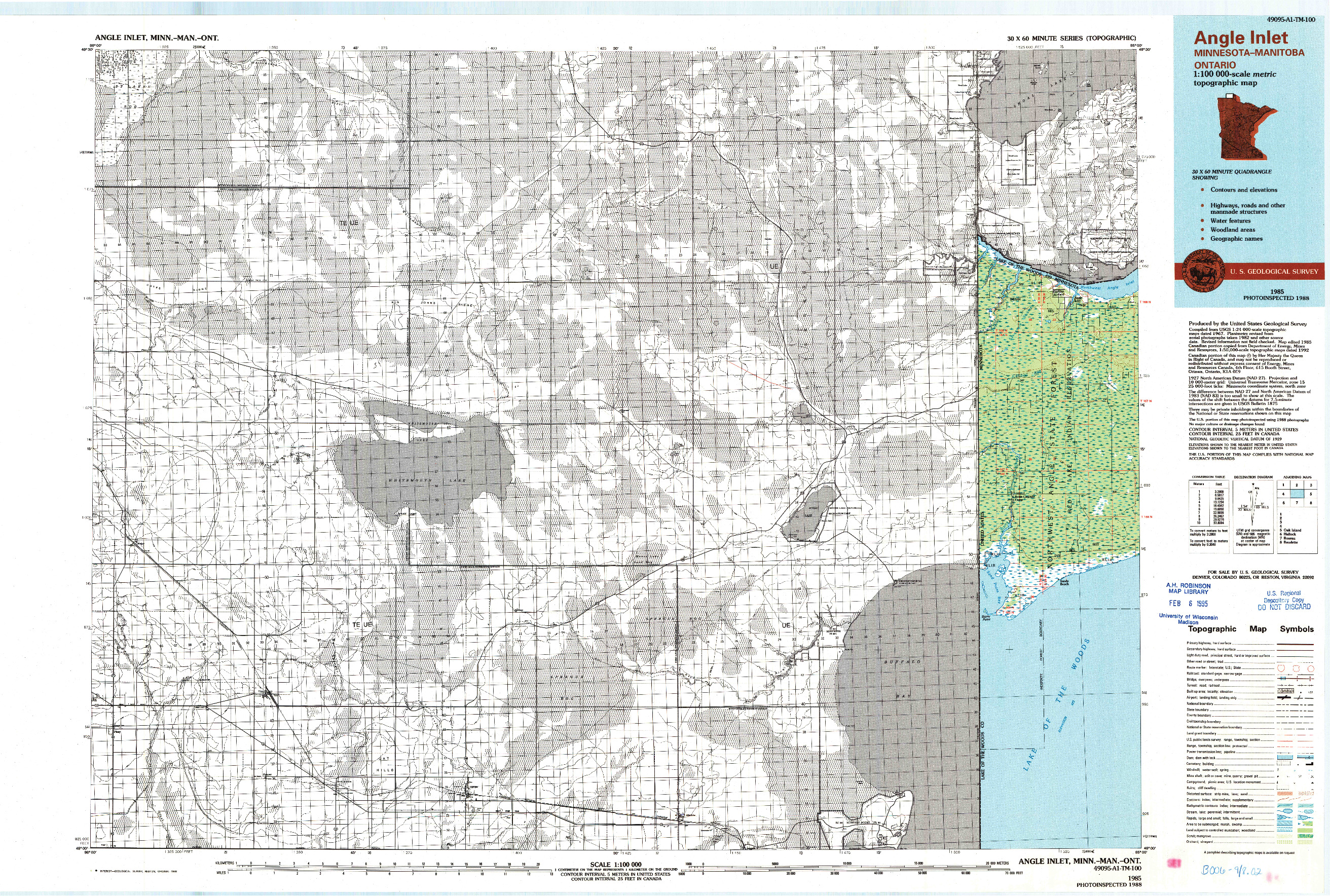 USGS 1:100000-SCALE QUADRANGLE FOR ANGLE INLET, MN 1985
