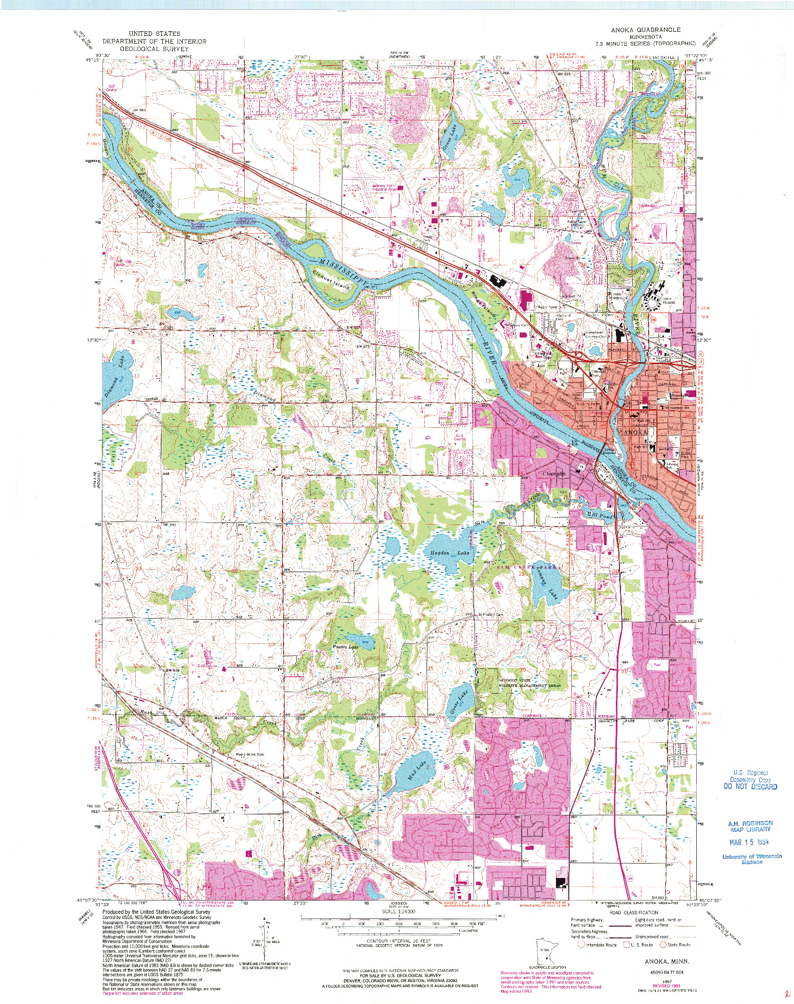 USGS 1:24000-SCALE QUADRANGLE FOR ANOKA, MN 1967