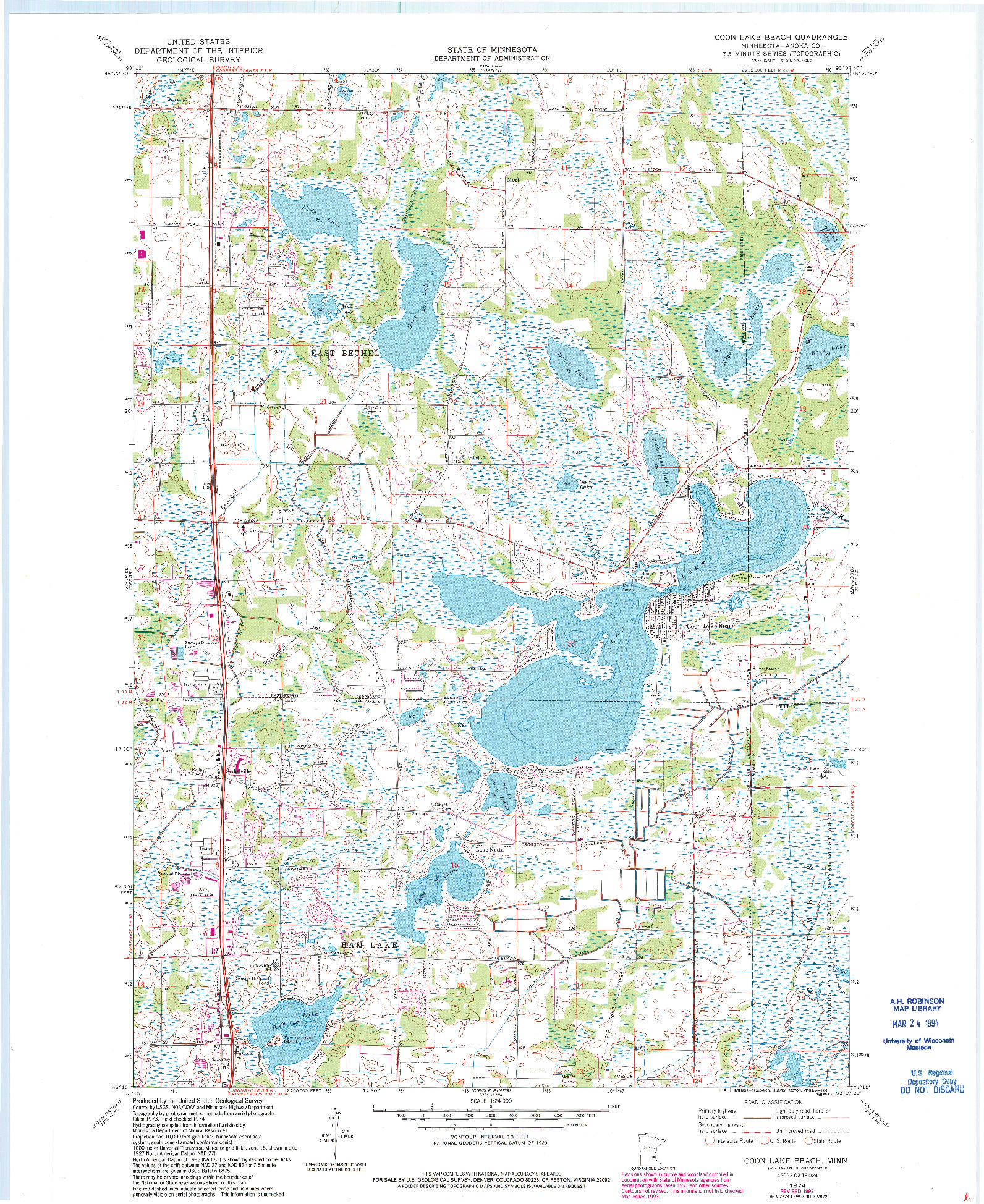 USGS 1:24000-SCALE QUADRANGLE FOR COON LAKE BEACH, MN 1974