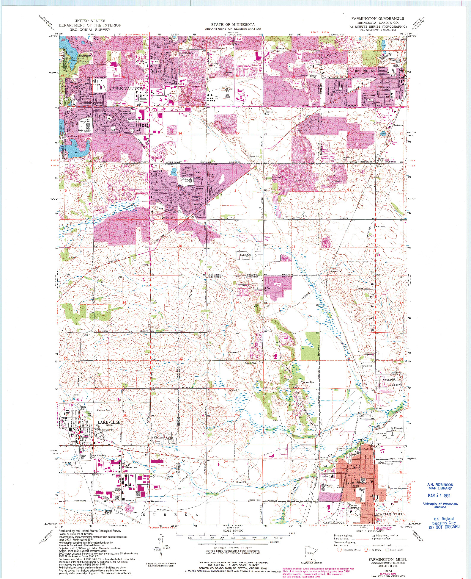 USGS 1:24000-SCALE QUADRANGLE FOR FARMINGTON, MN 1974