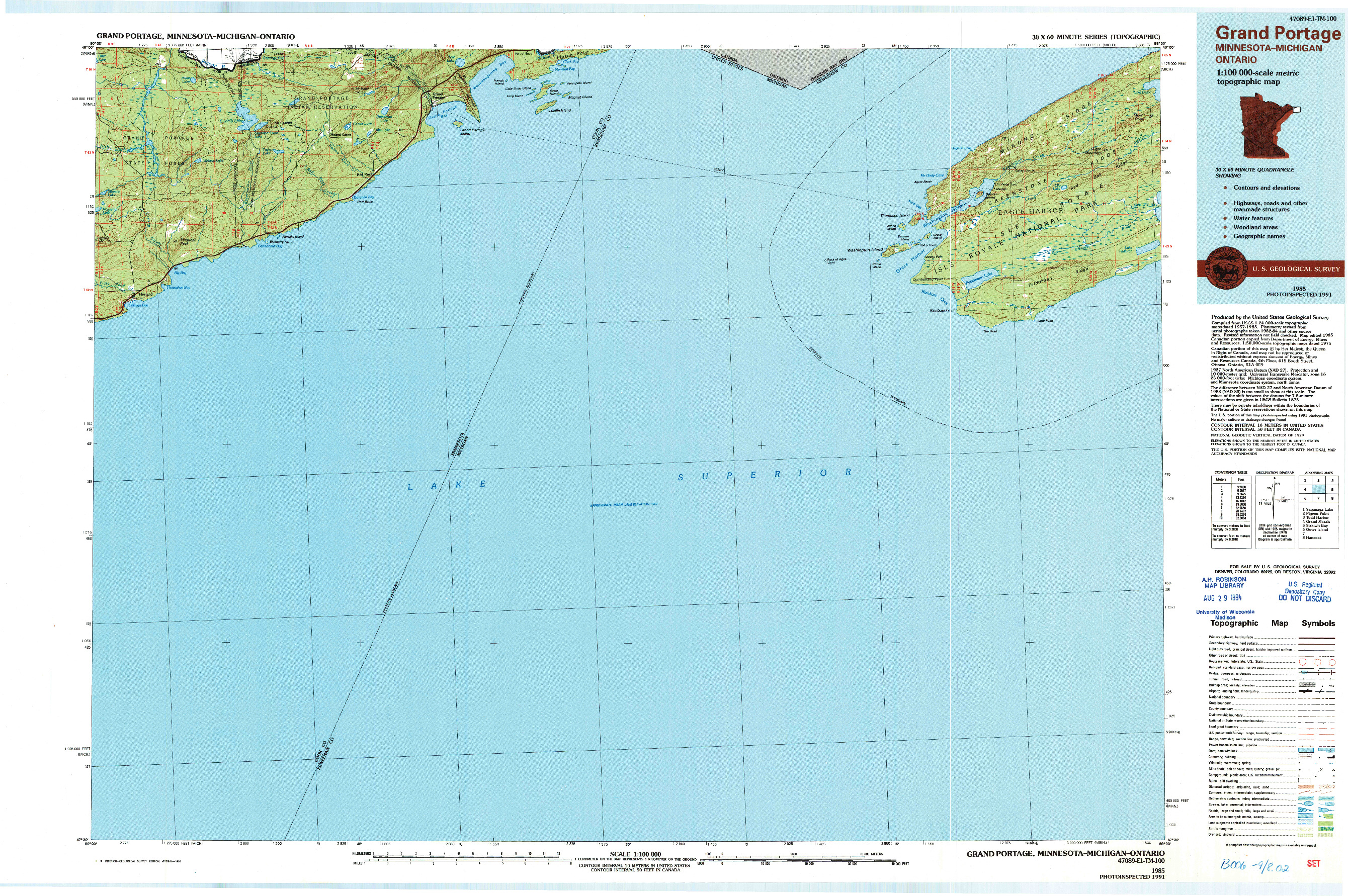 USGS 1:100000-SCALE QUADRANGLE FOR GRAND PORTAGE, MN 1985