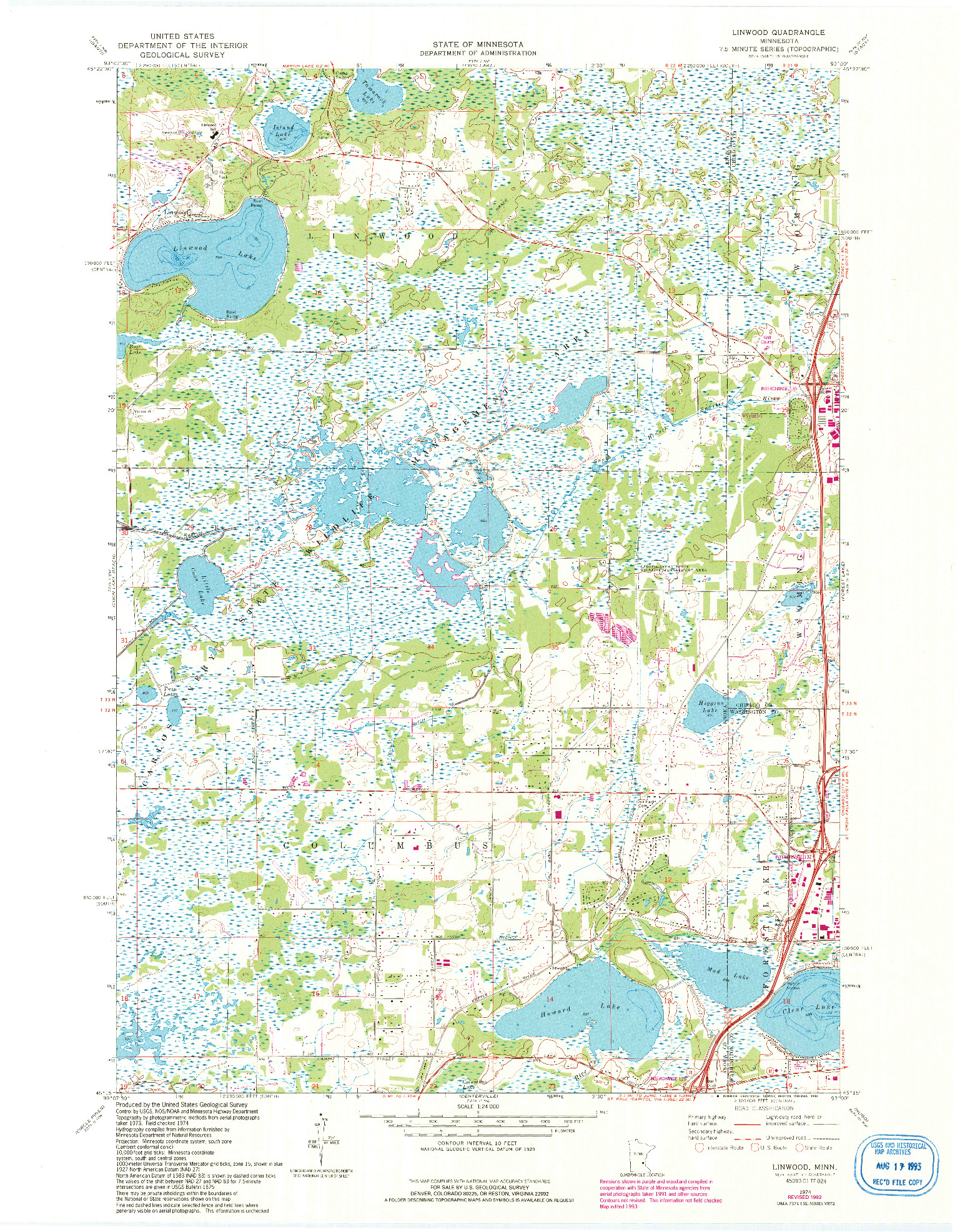 USGS 1:24000-SCALE QUADRANGLE FOR LINWOOD, MN 1974