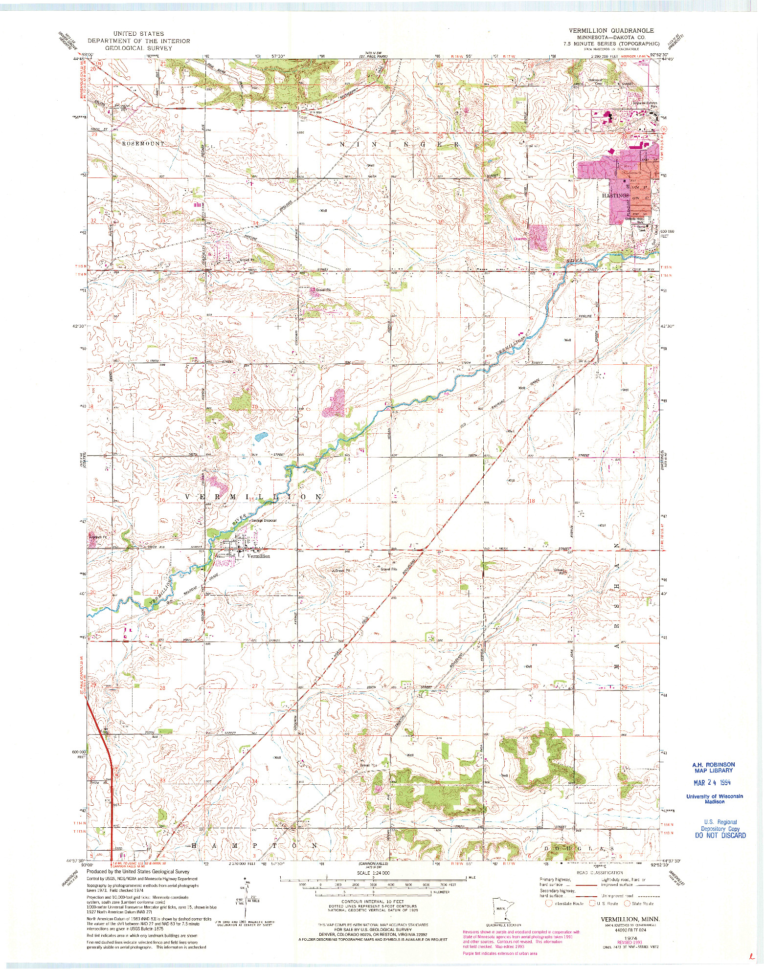 USGS 1:24000-SCALE QUADRANGLE FOR VERMILLION, MN 1974