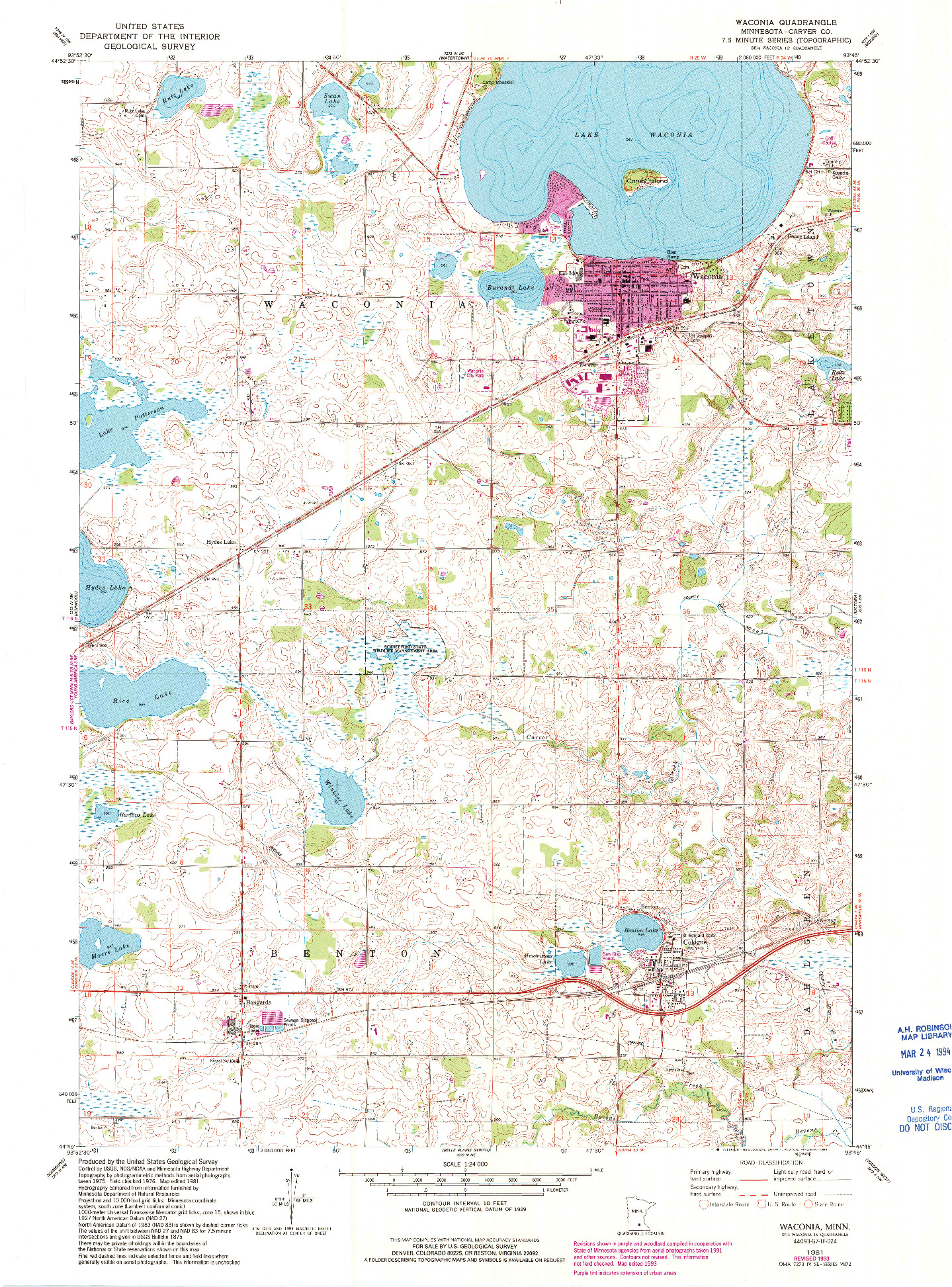 USGS 1:24000-SCALE QUADRANGLE FOR WACONIA, MN 1981