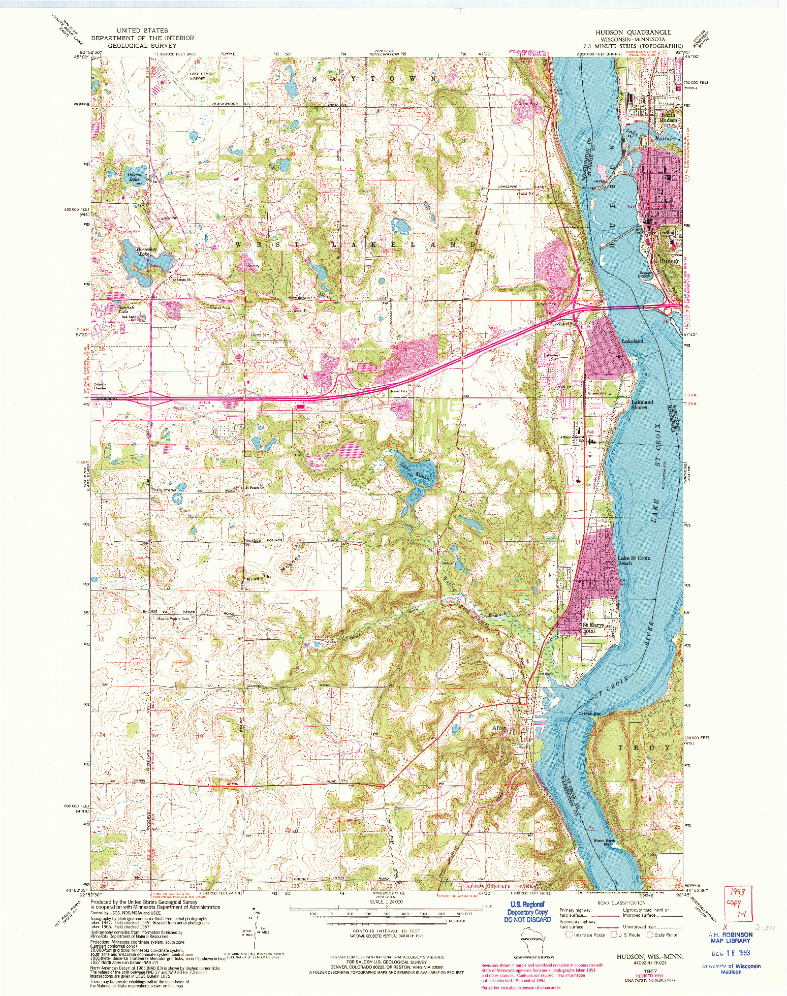 USGS 1:24000-SCALE QUADRANGLE FOR HUDSON, WI 1967