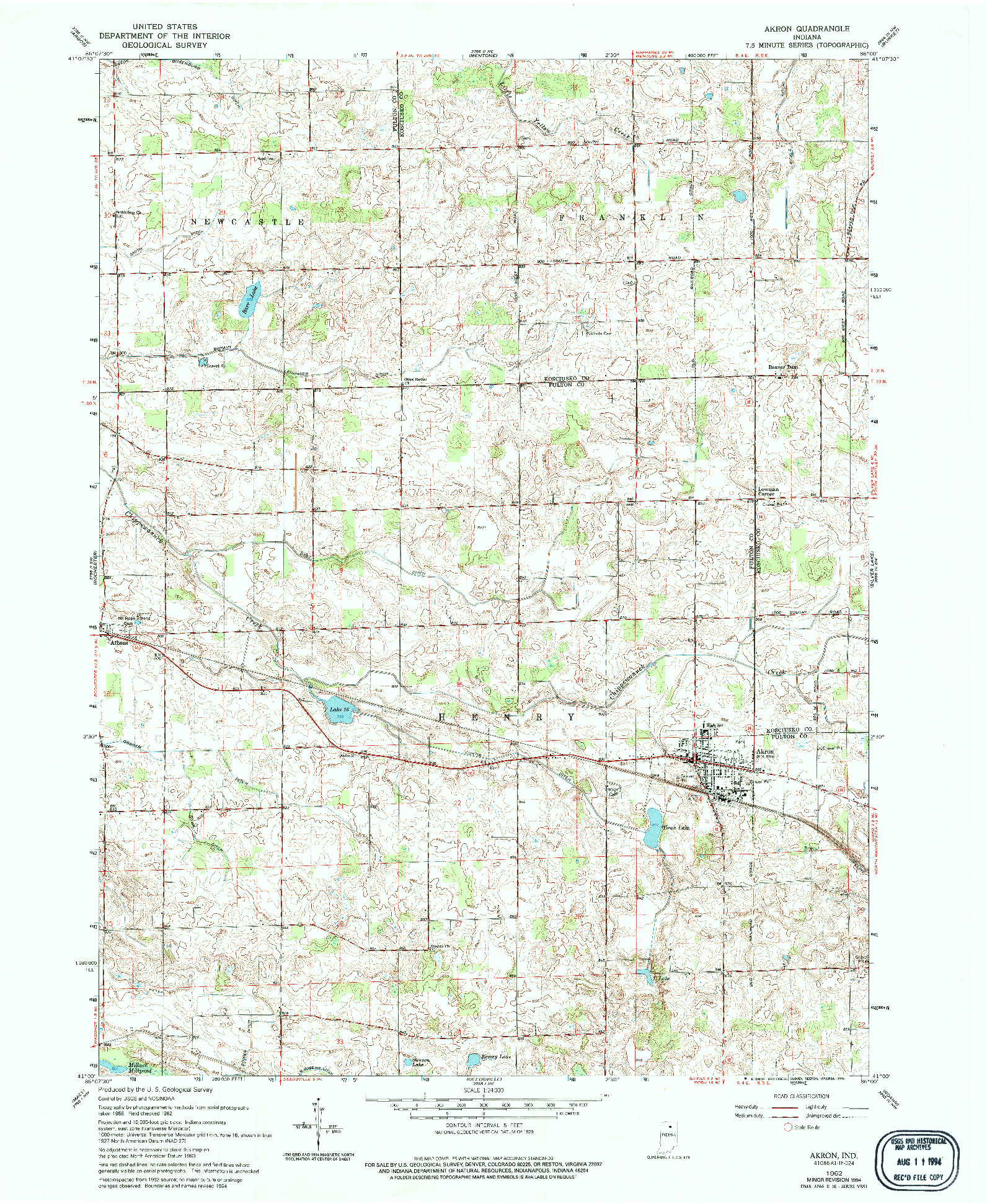 USGS 1:24000-SCALE QUADRANGLE FOR AKRON, IN 1962