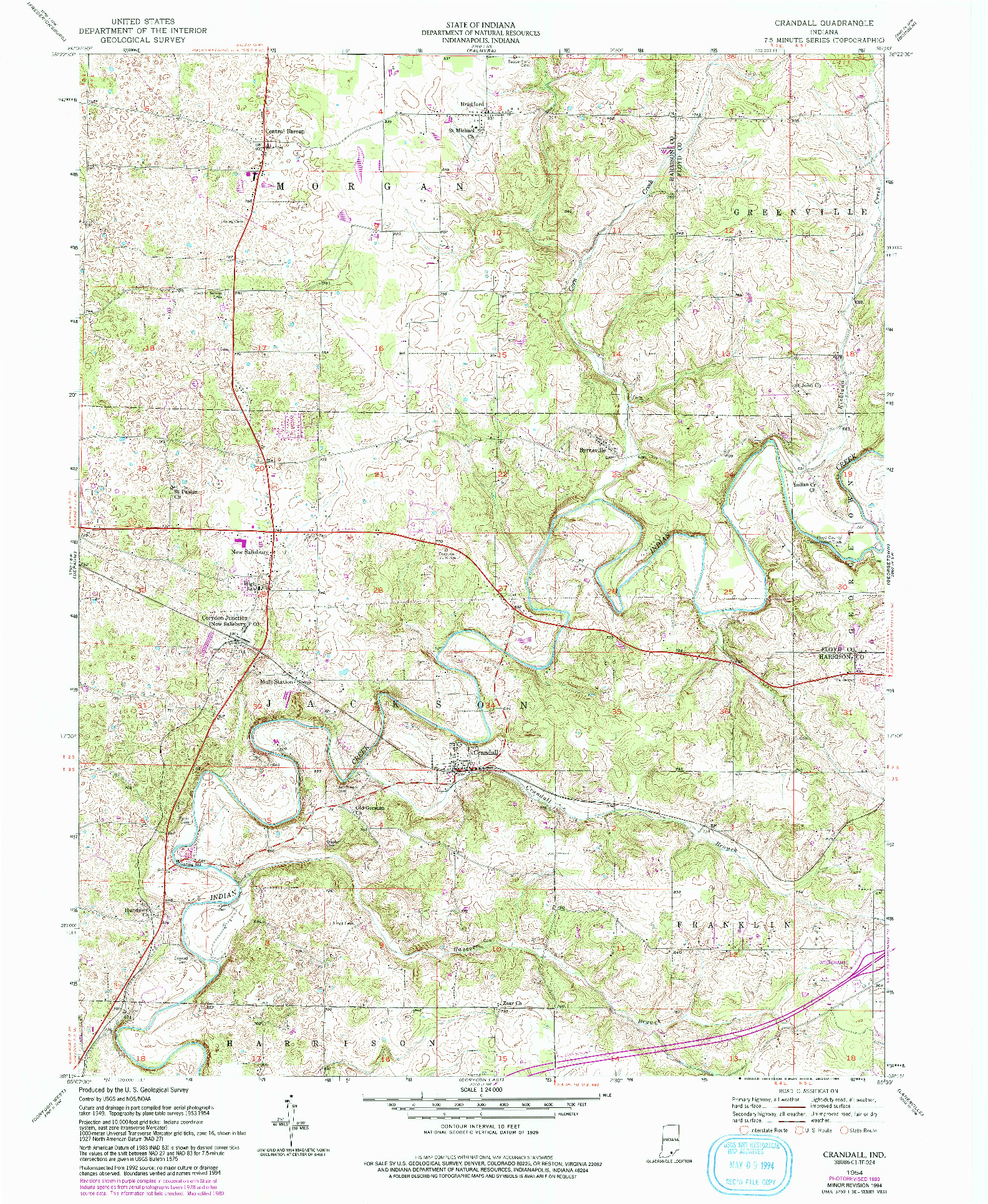 USGS 1:24000-SCALE QUADRANGLE FOR CRANDALL, IN 1954