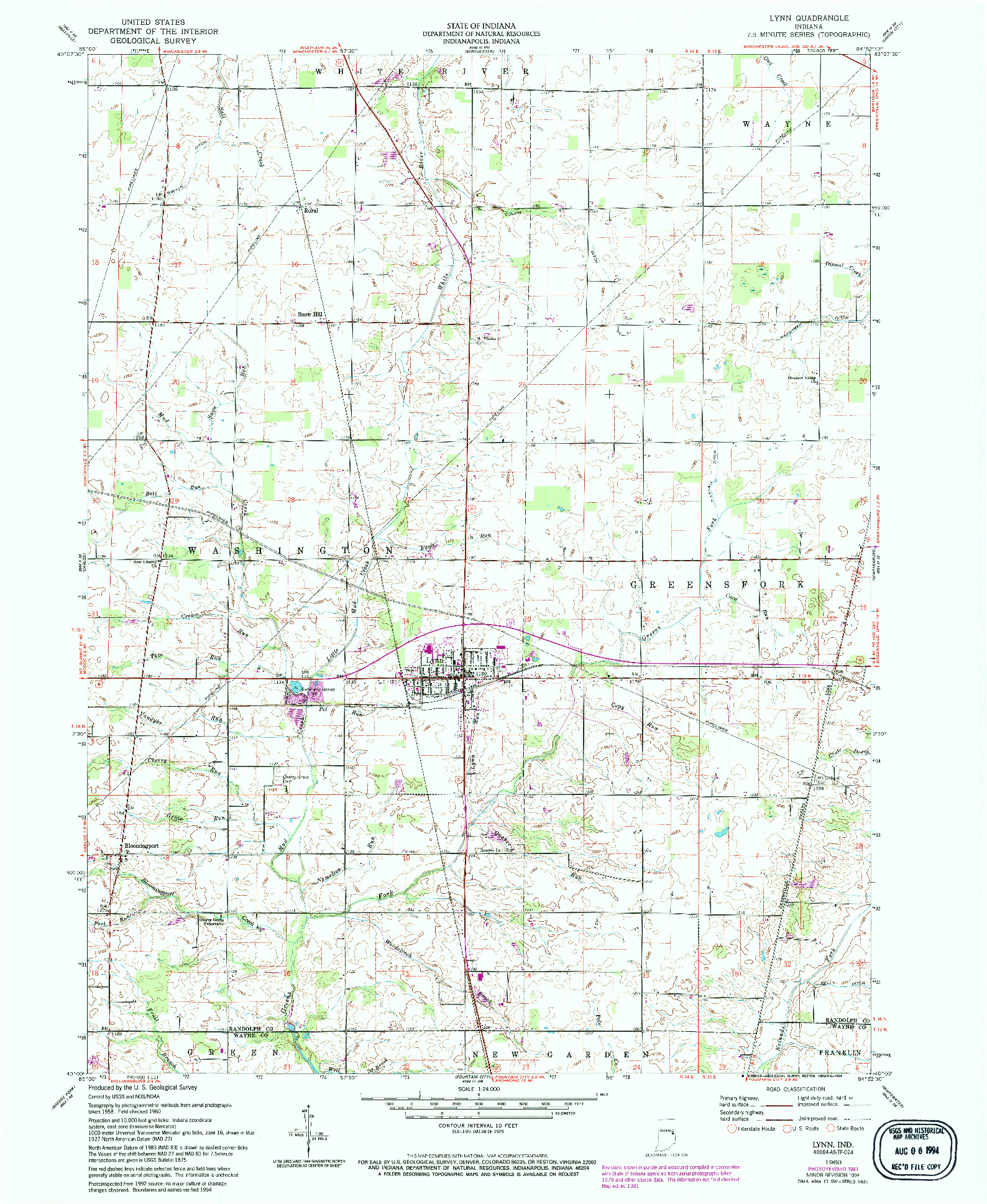 USGS 1:24000-SCALE QUADRANGLE FOR LYNN, IN 1960