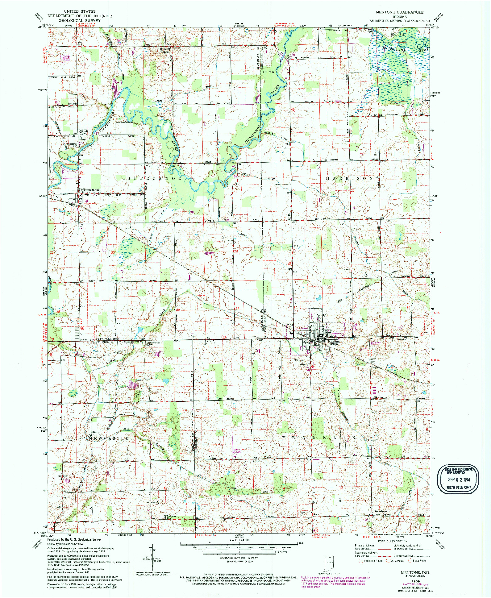 USGS 1:24000-SCALE QUADRANGLE FOR MENTONE, IN 1959