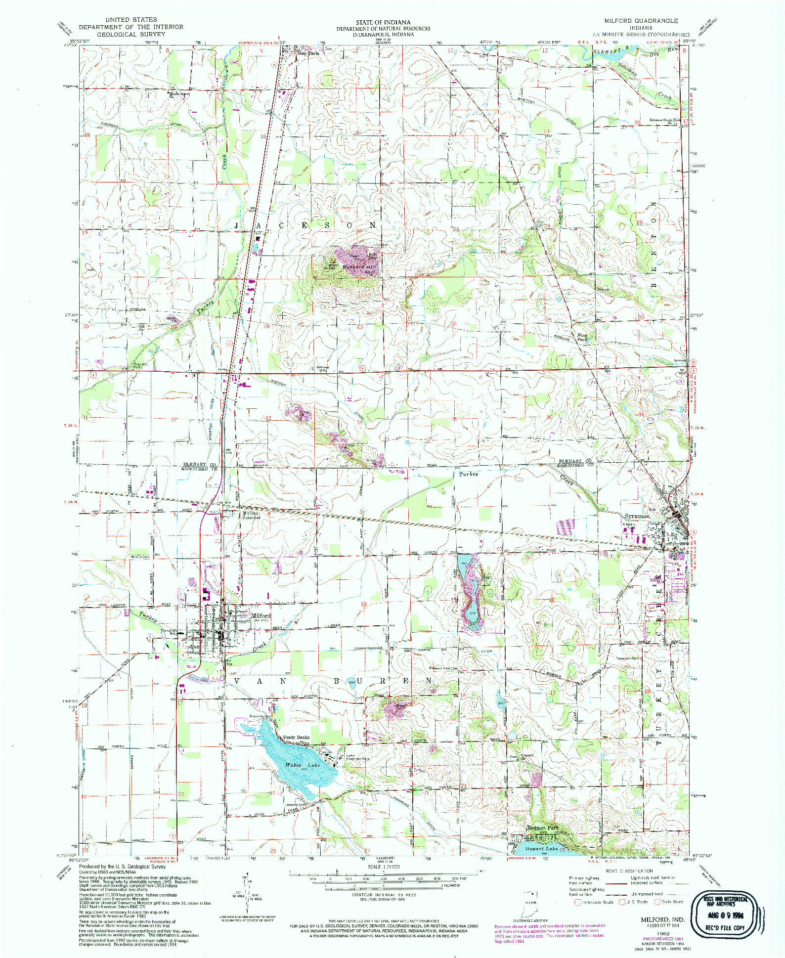 USGS 1:24000-SCALE QUADRANGLE FOR MILFORD, IN 1962