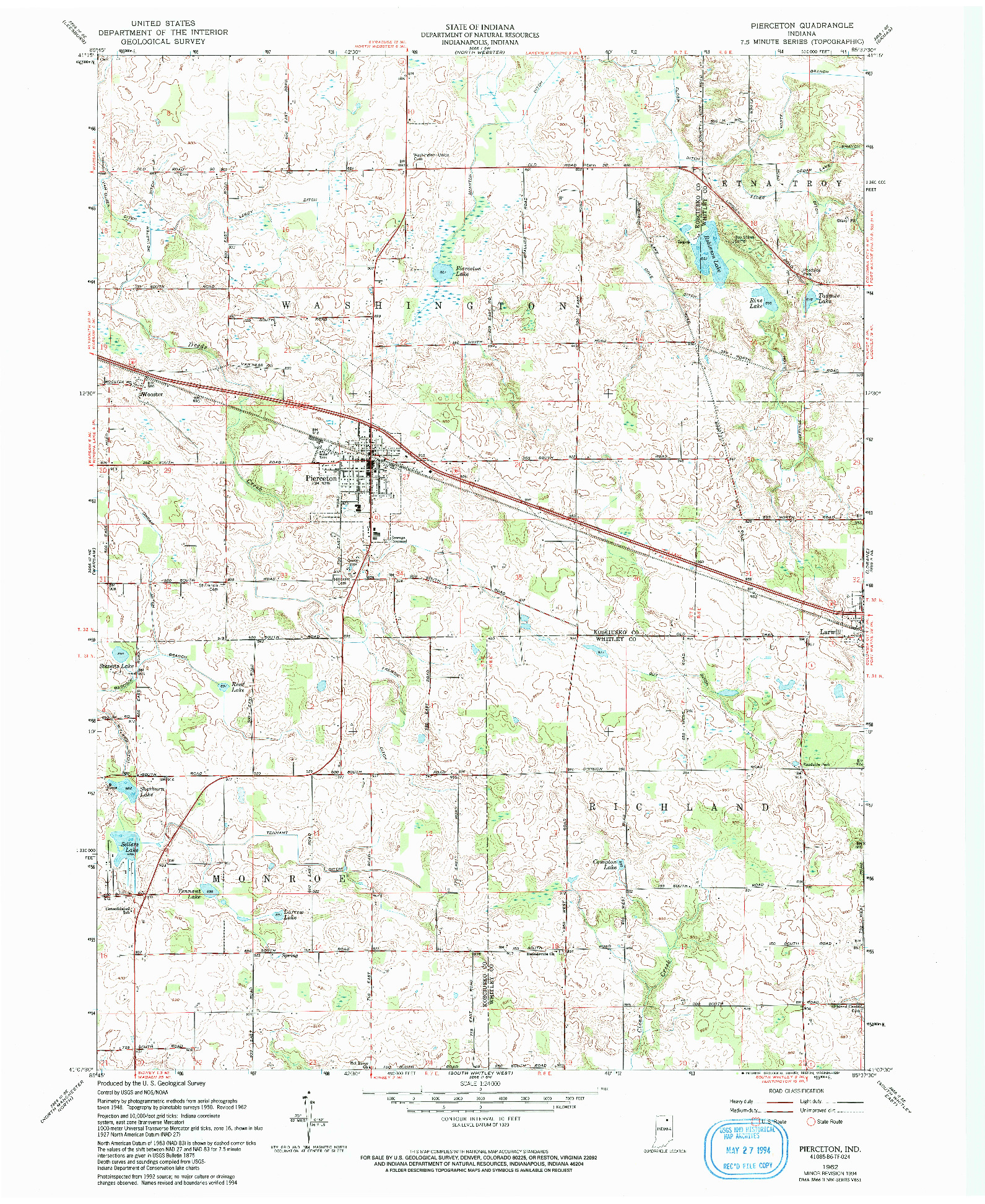 USGS 1:24000-SCALE QUADRANGLE FOR PIERCETON, IN 1962