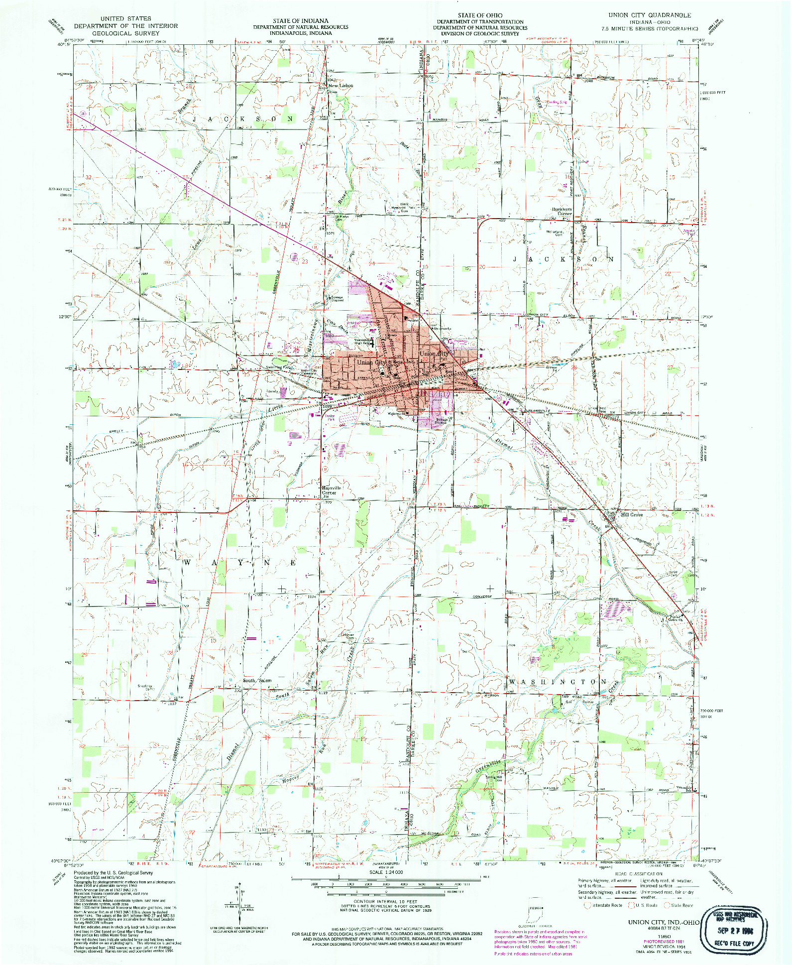 USGS 1:24000-SCALE QUADRANGLE FOR UNION CITY, IN 1960