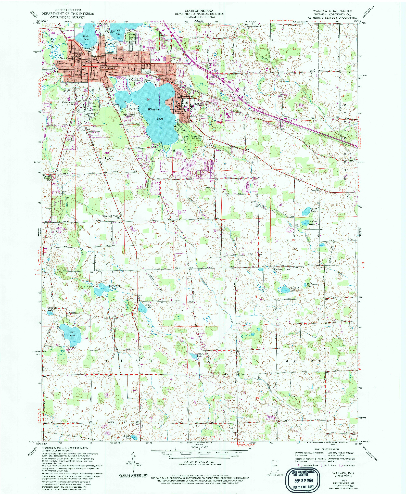 USGS 1:24000-SCALE QUADRANGLE FOR WARSAW, IN 1957