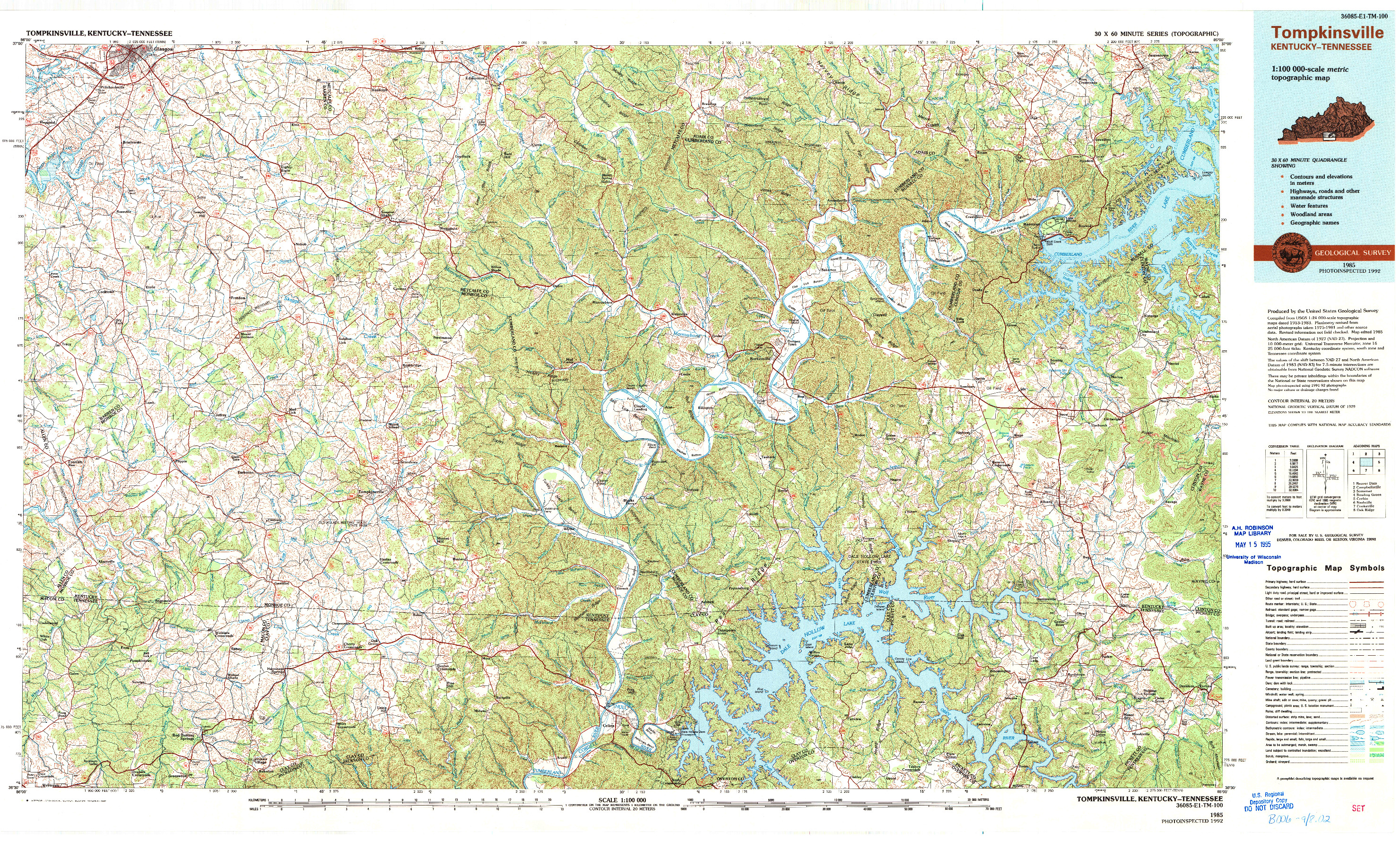 USGS 1:100000-SCALE QUADRANGLE FOR TOMPKINSVILLE, KY 1985