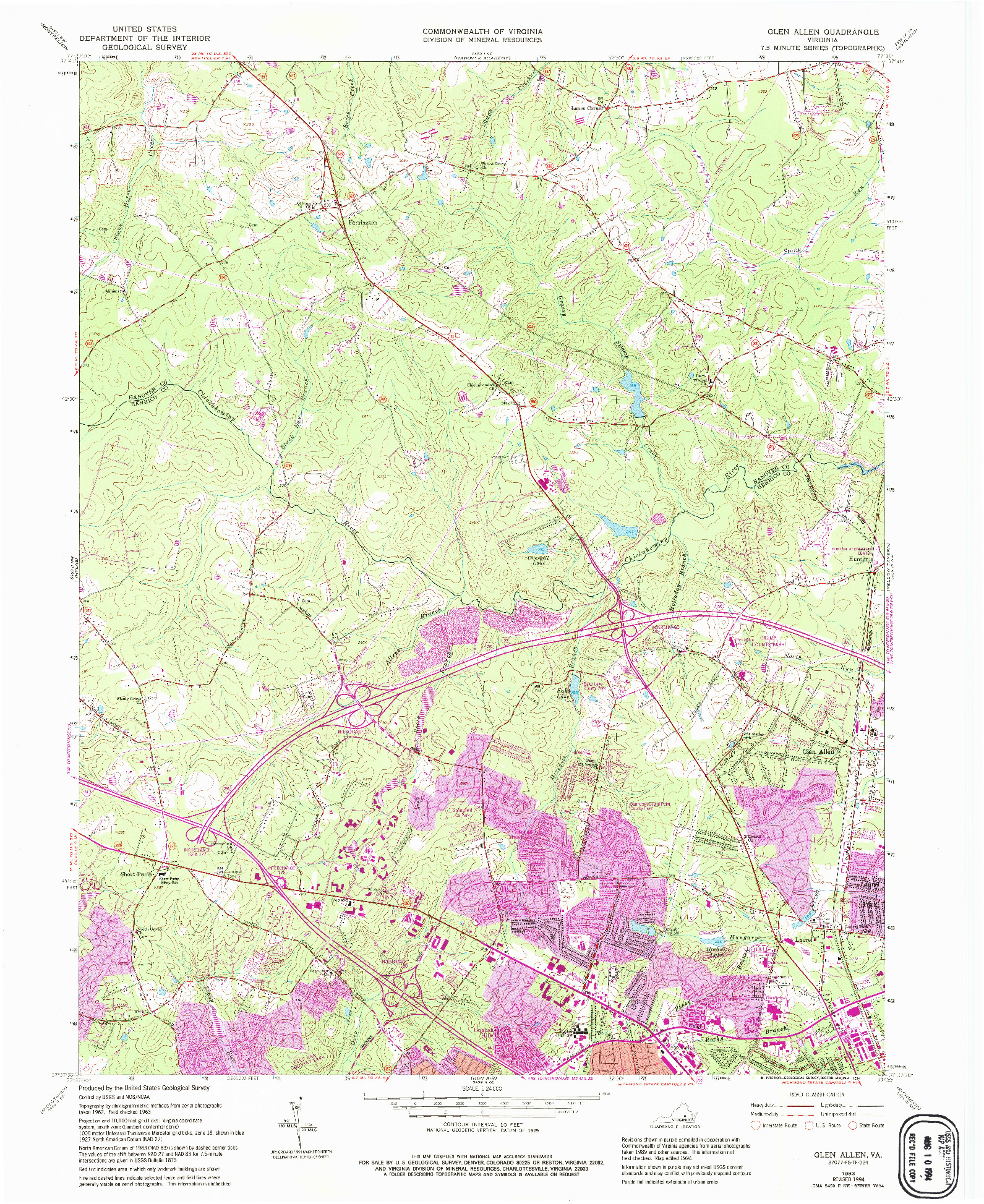 USGS 1:24000-SCALE QUADRANGLE FOR GLEN ALLEN, VA 1963