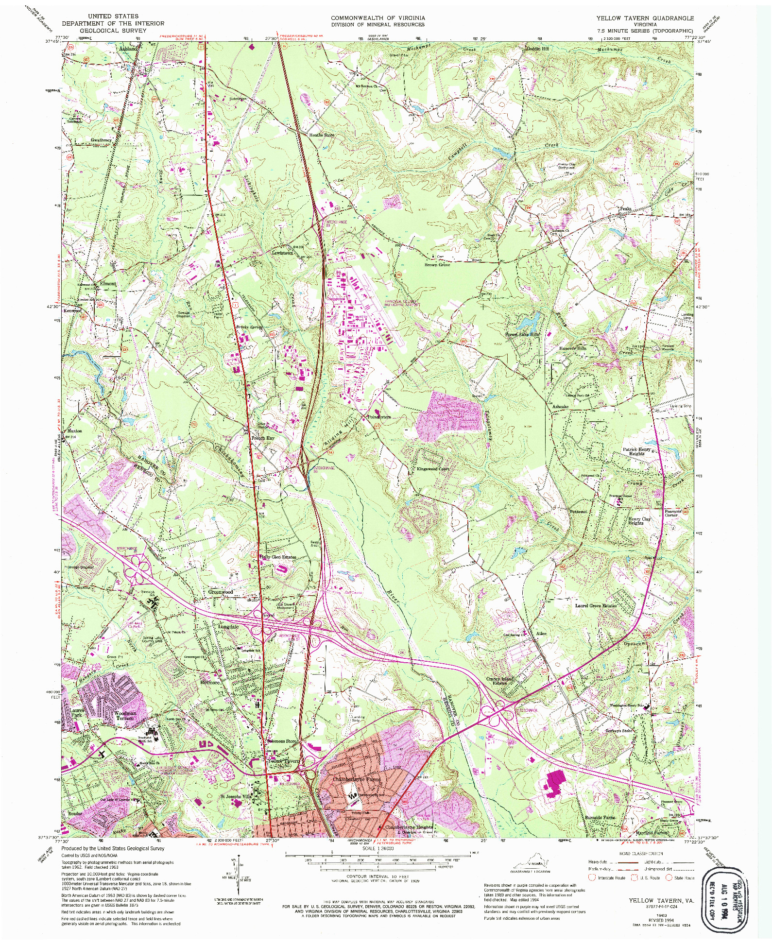 USGS 1:24000-SCALE QUADRANGLE FOR YELLOW TAVERN, VA 1963