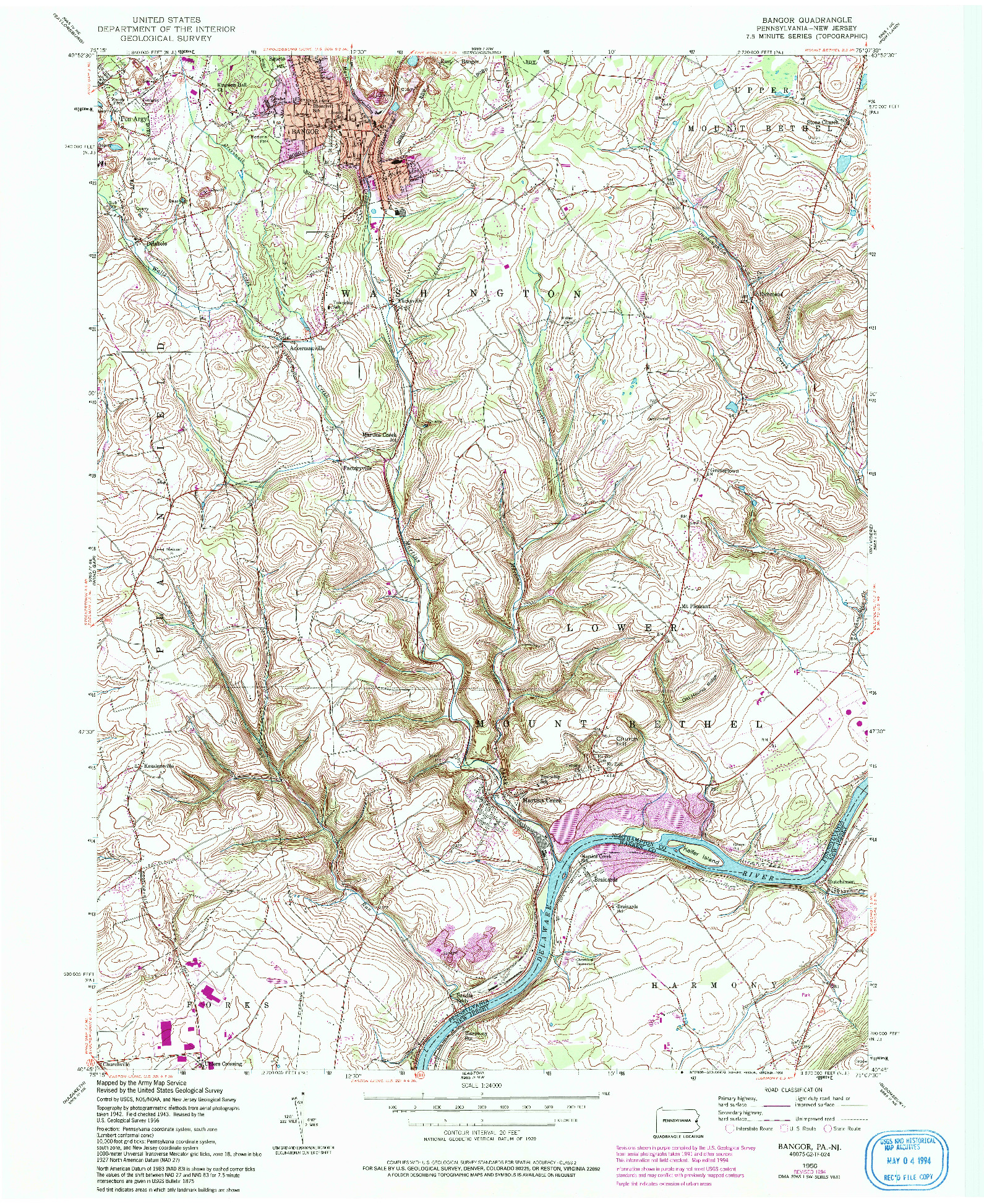 USGS 1:24000-SCALE QUADRANGLE FOR BANGOR, PA 1956