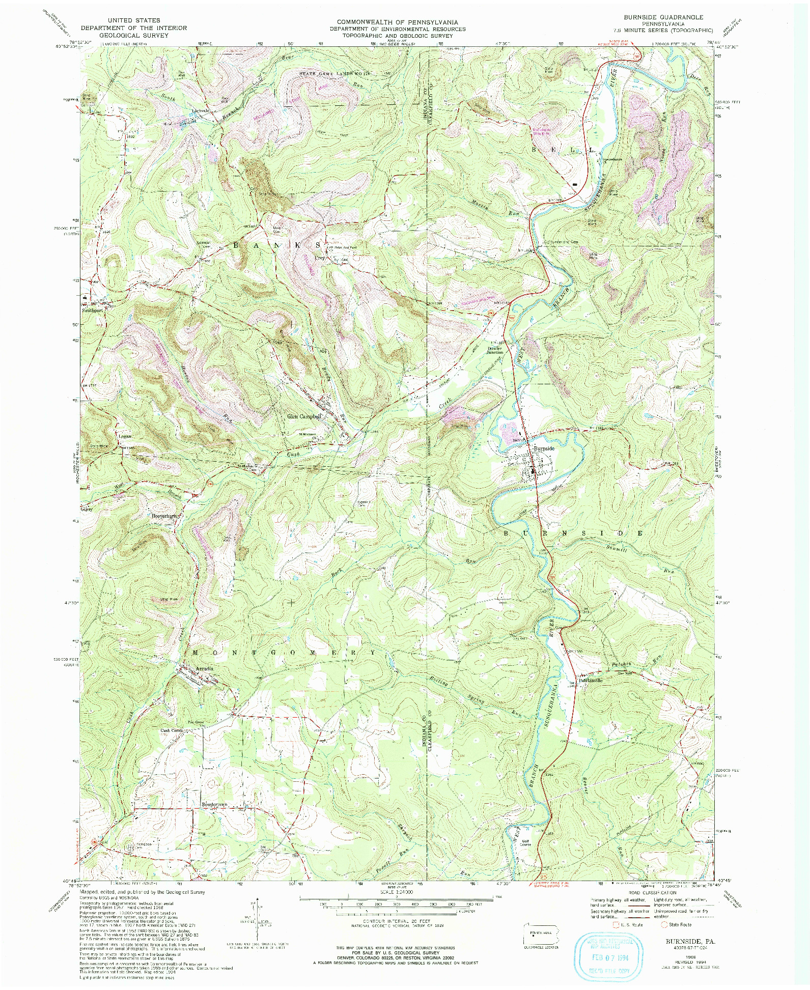 USGS 1:24000-SCALE QUADRANGLE FOR BURNSIDE, PA 1968