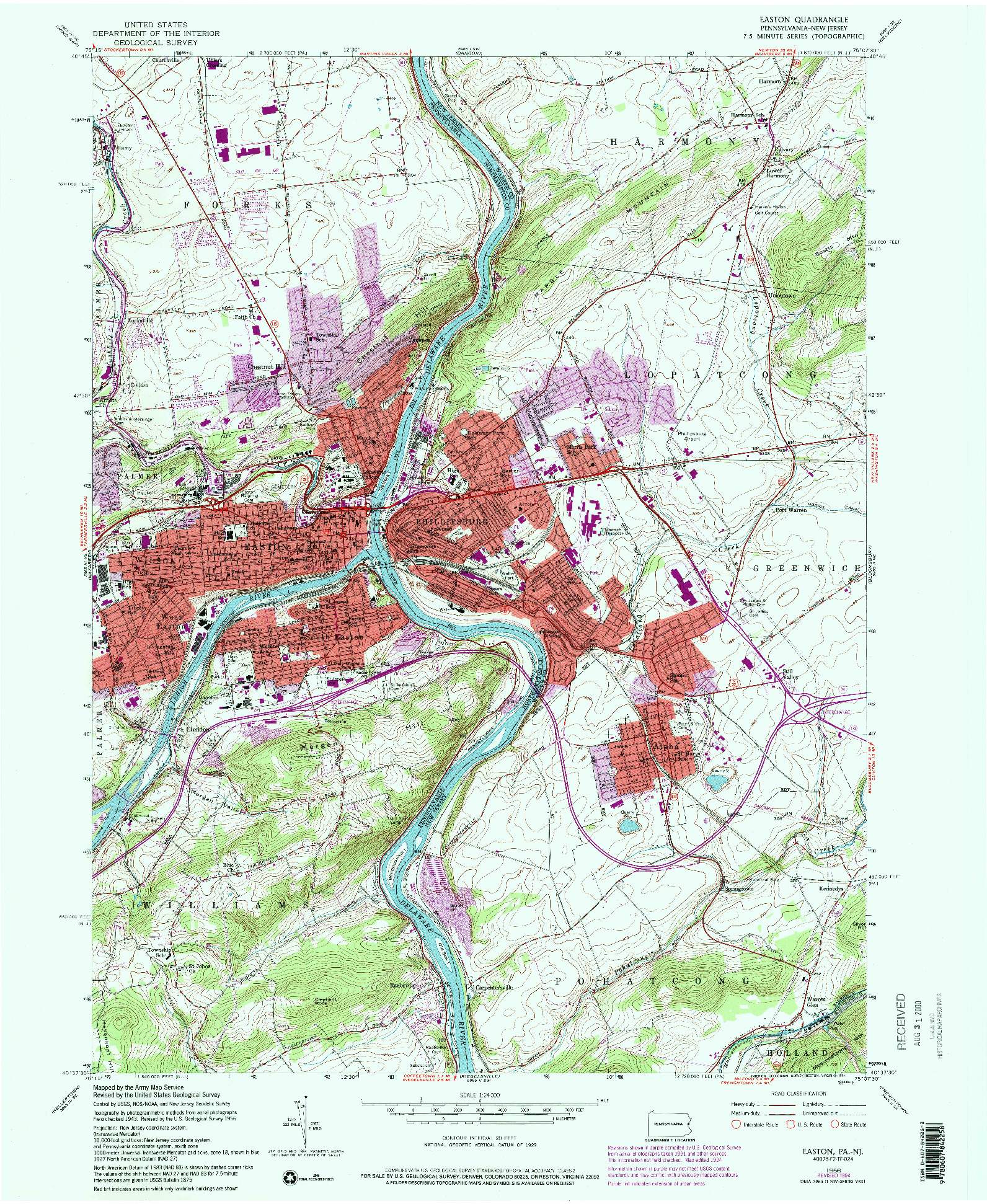 USGS 1:24000-SCALE QUADRANGLE FOR EASTON, PA 1956