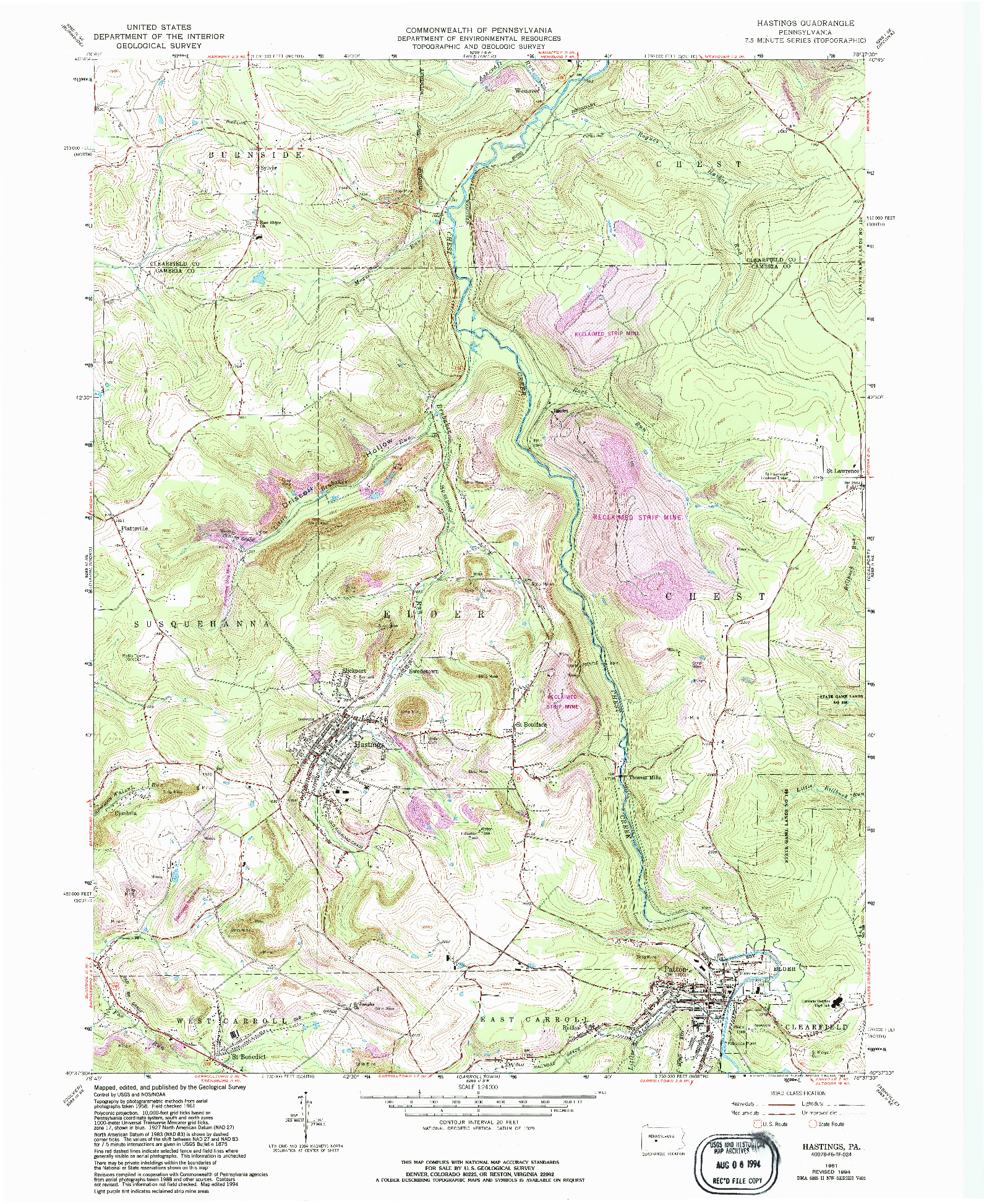 USGS 1:24000-SCALE QUADRANGLE FOR HASTINGS, PA 1961