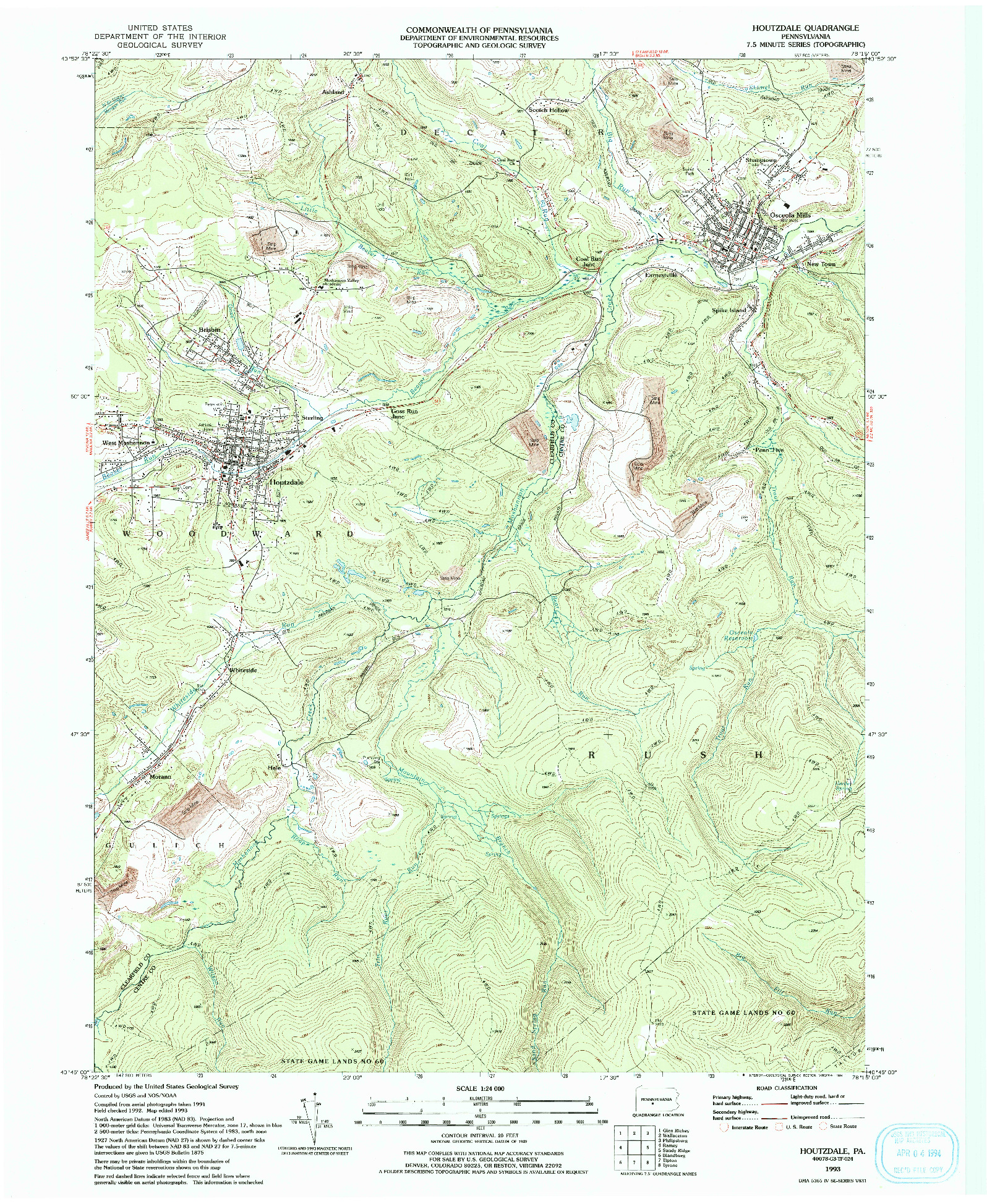 USGS 1:24000-SCALE QUADRANGLE FOR HOUTZDALE, PA 1993