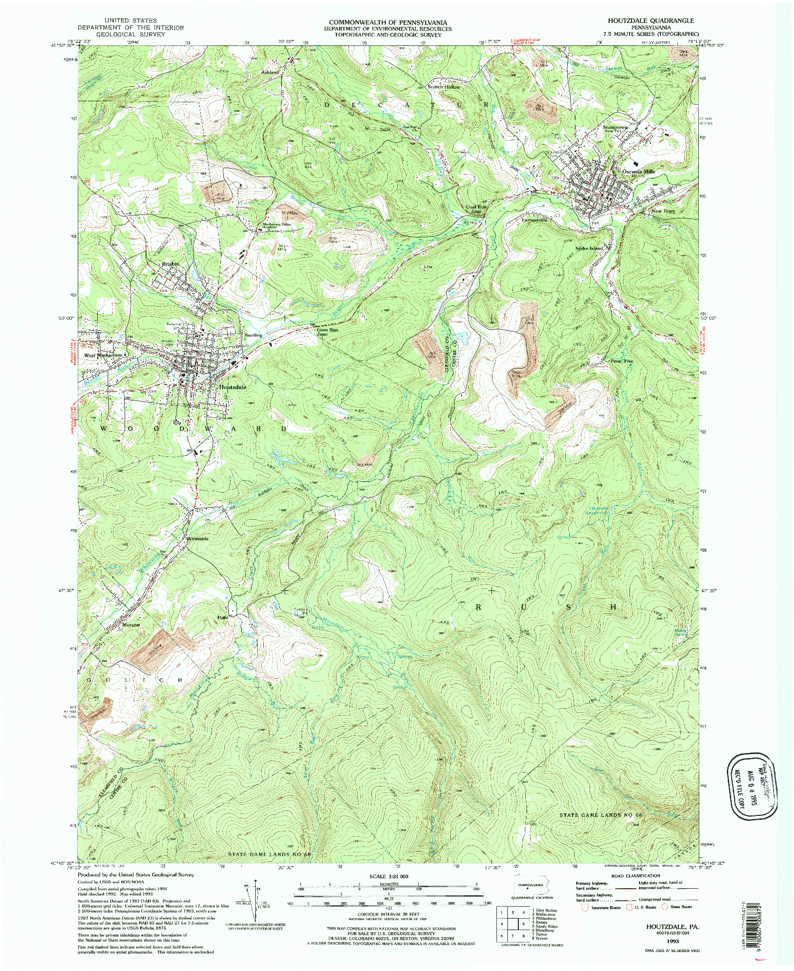 USGS 1:24000-SCALE QUADRANGLE FOR HOUTZDALE, PA 1993