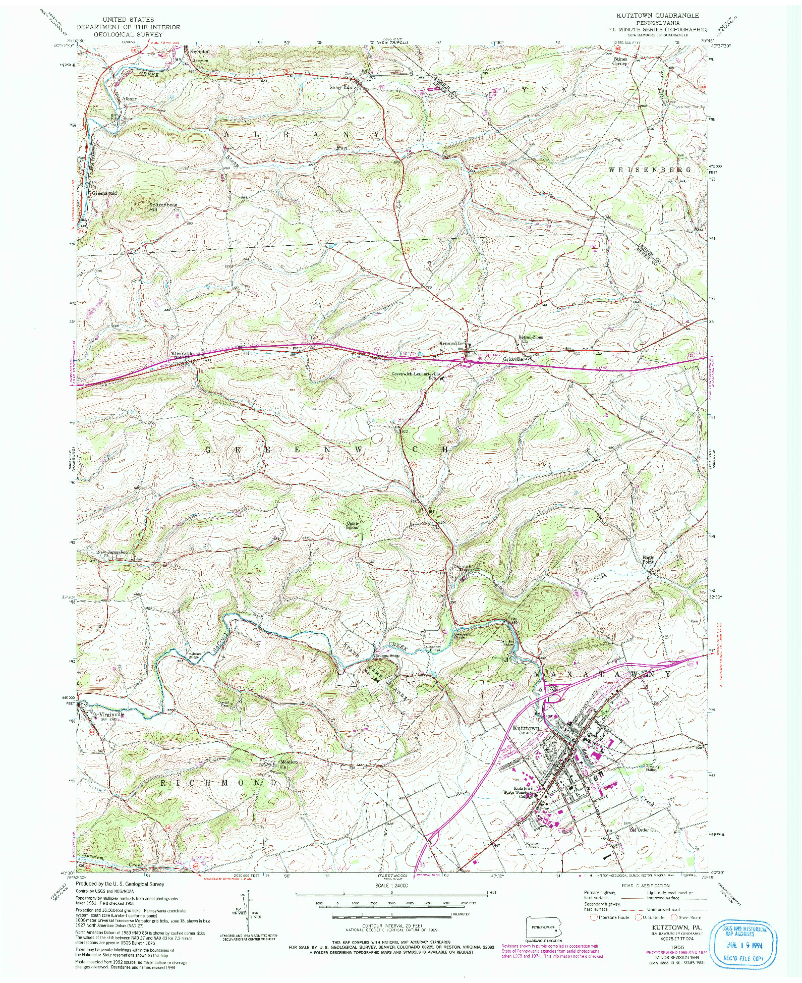 USGS 1:24000-SCALE QUADRANGLE FOR KUTZTOWN, PA 1956