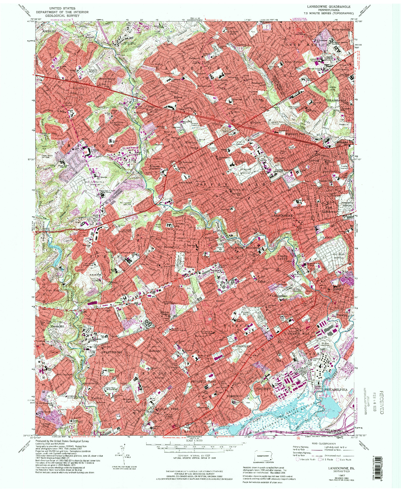 USGS 1:24000-SCALE QUADRANGLE FOR LANSDOWNE, PA 1967