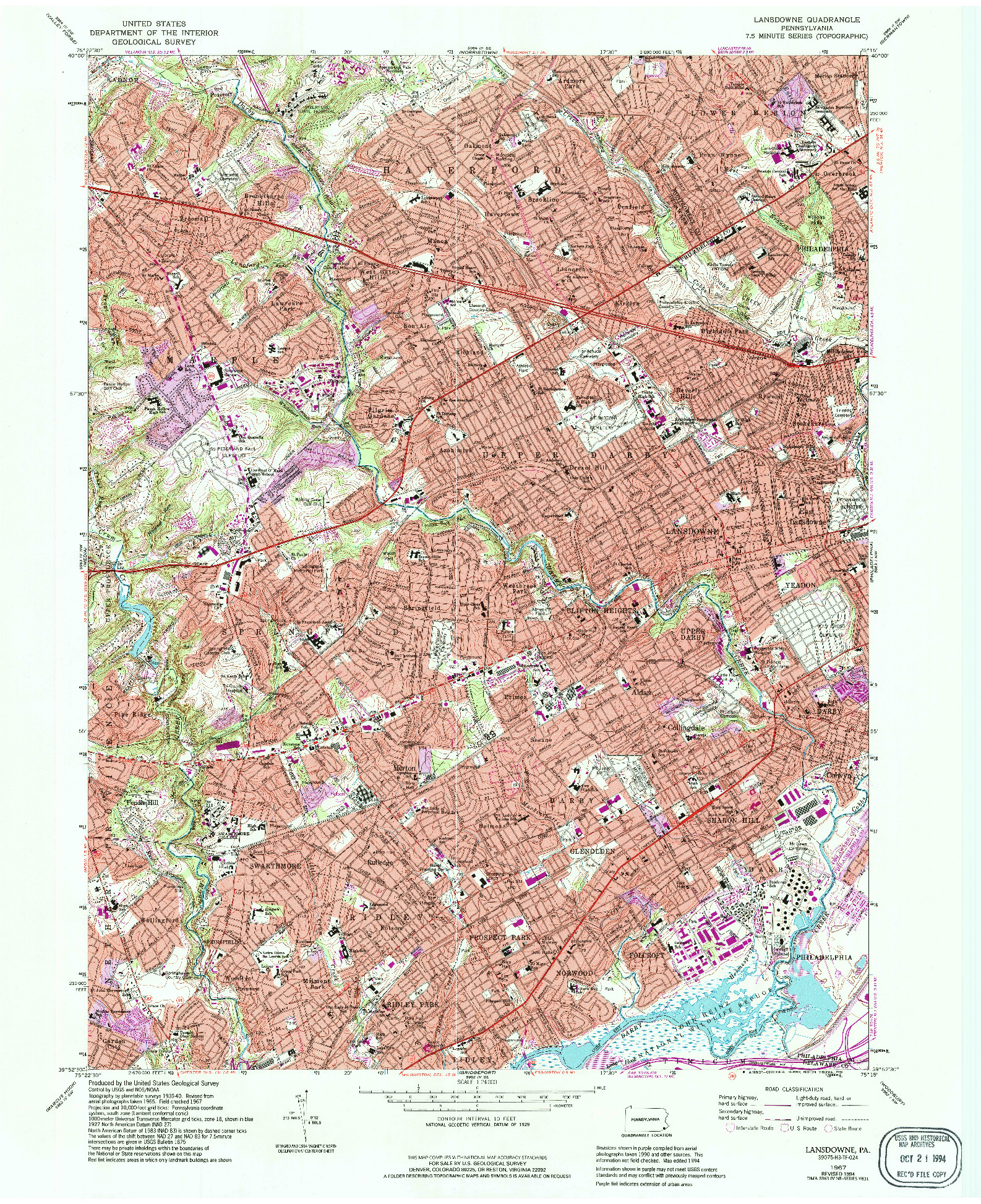 USGS 1:24000-SCALE QUADRANGLE FOR LANSDOWNE, PA 1967
