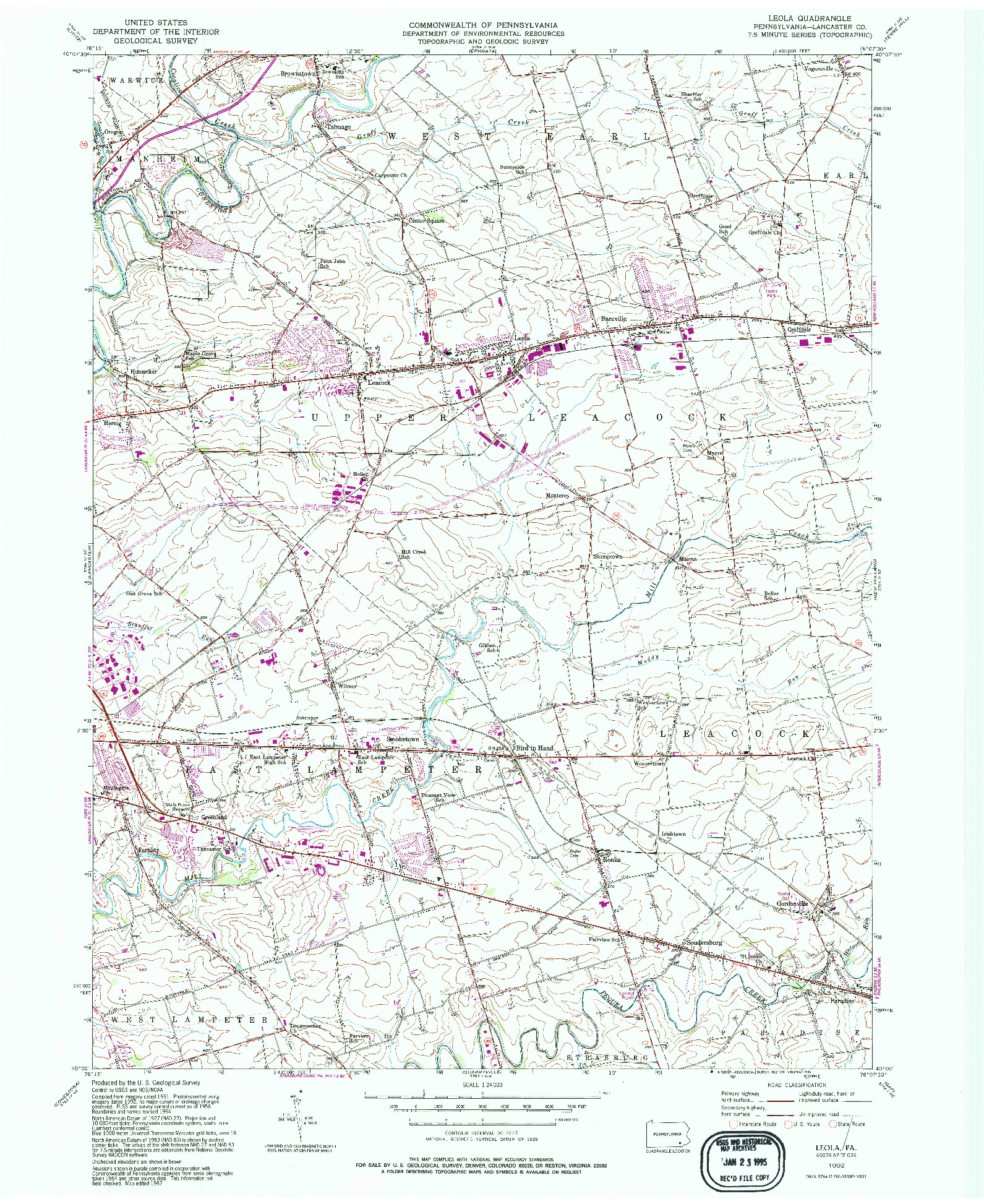 USGS 1:24000-SCALE QUADRANGLE FOR LEOLA, PA 1992