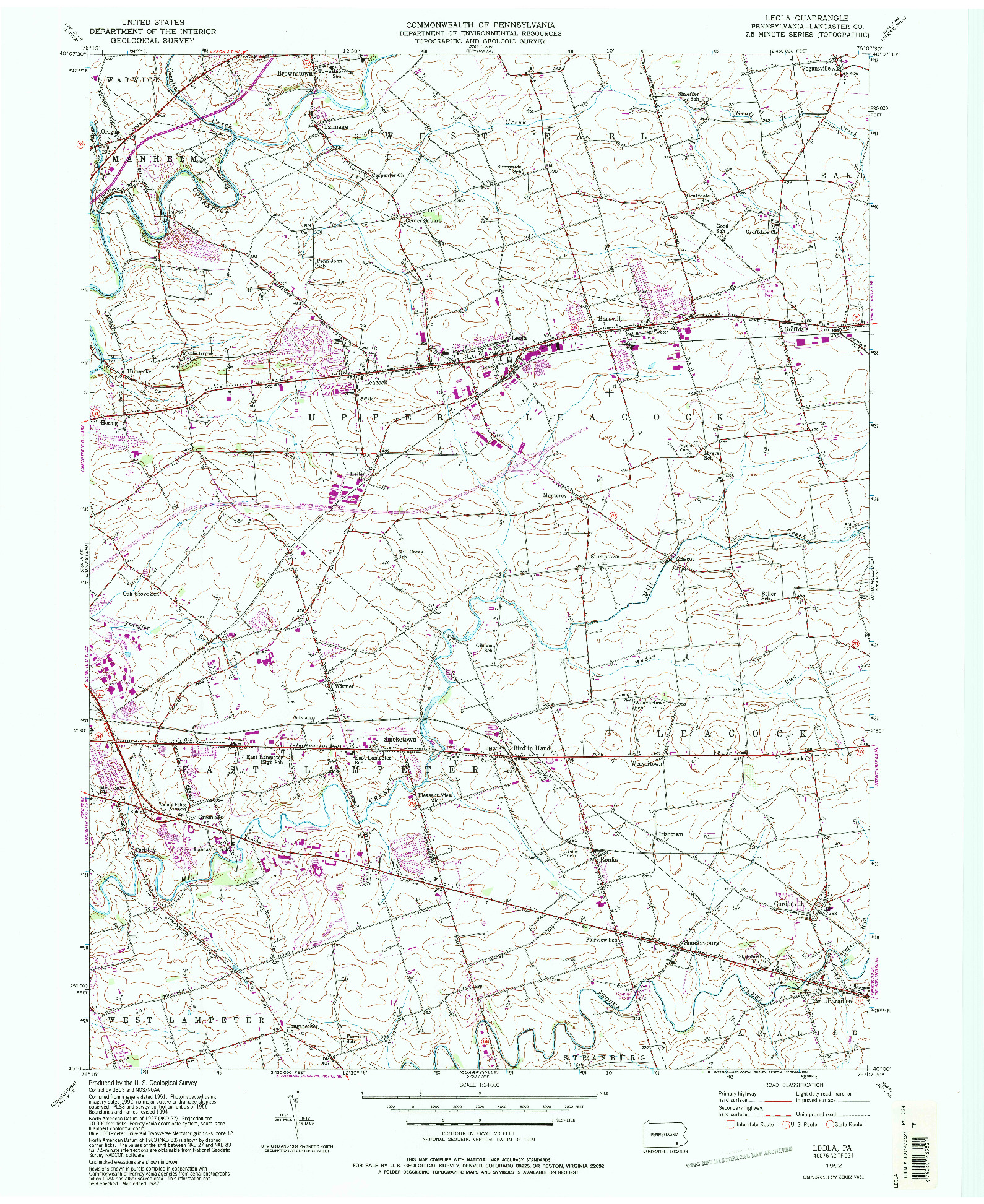 USGS 1:24000-SCALE QUADRANGLE FOR LEOLA, PA 1992
