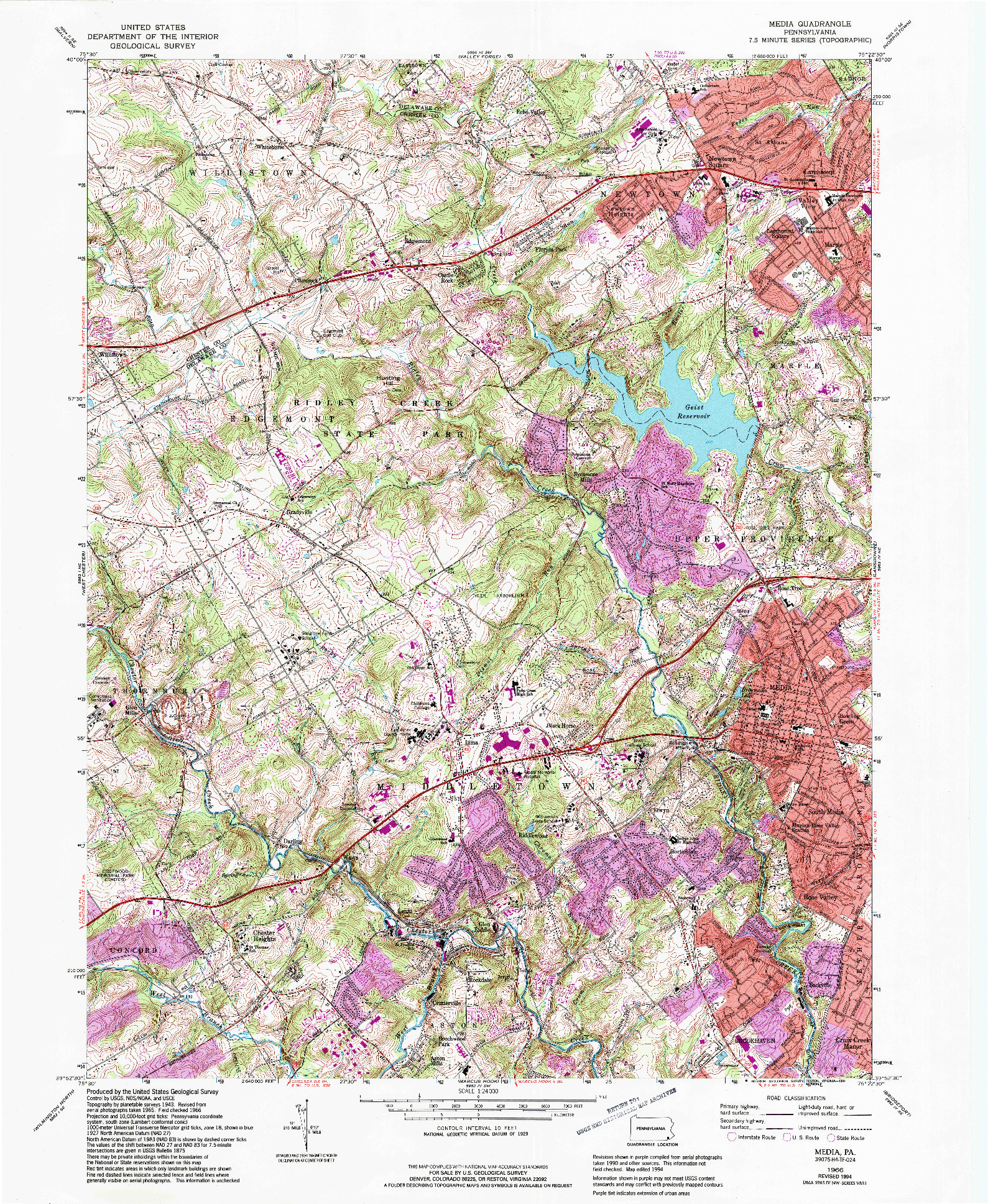 USGS 1:24000-SCALE QUADRANGLE FOR MEDIA, PA 1966