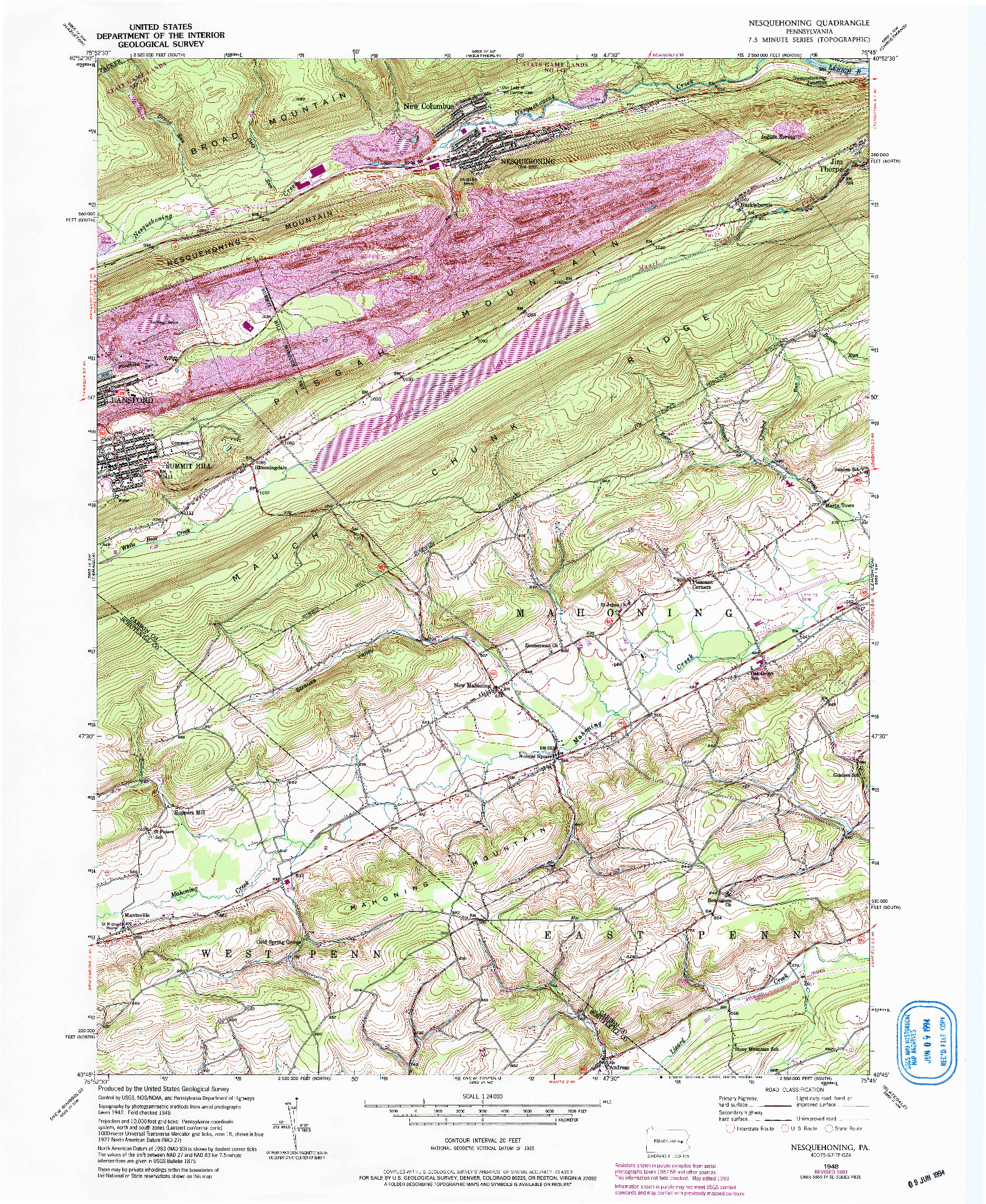 USGS 1:24000-SCALE QUADRANGLE FOR NESQUEHONING, PA 1948