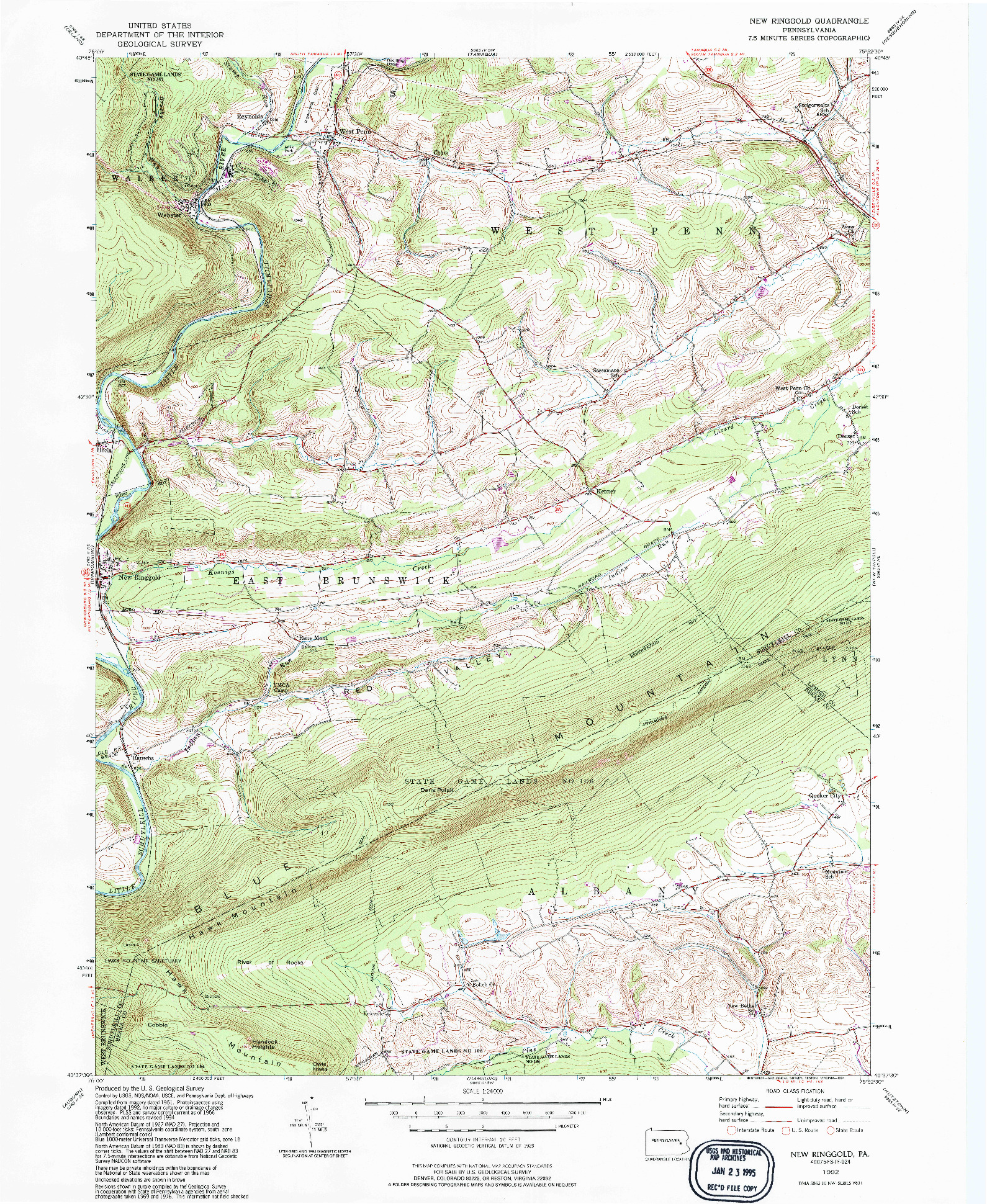 USGS 1:24000-SCALE QUADRANGLE FOR NEW RINGGOLD, PA 1992