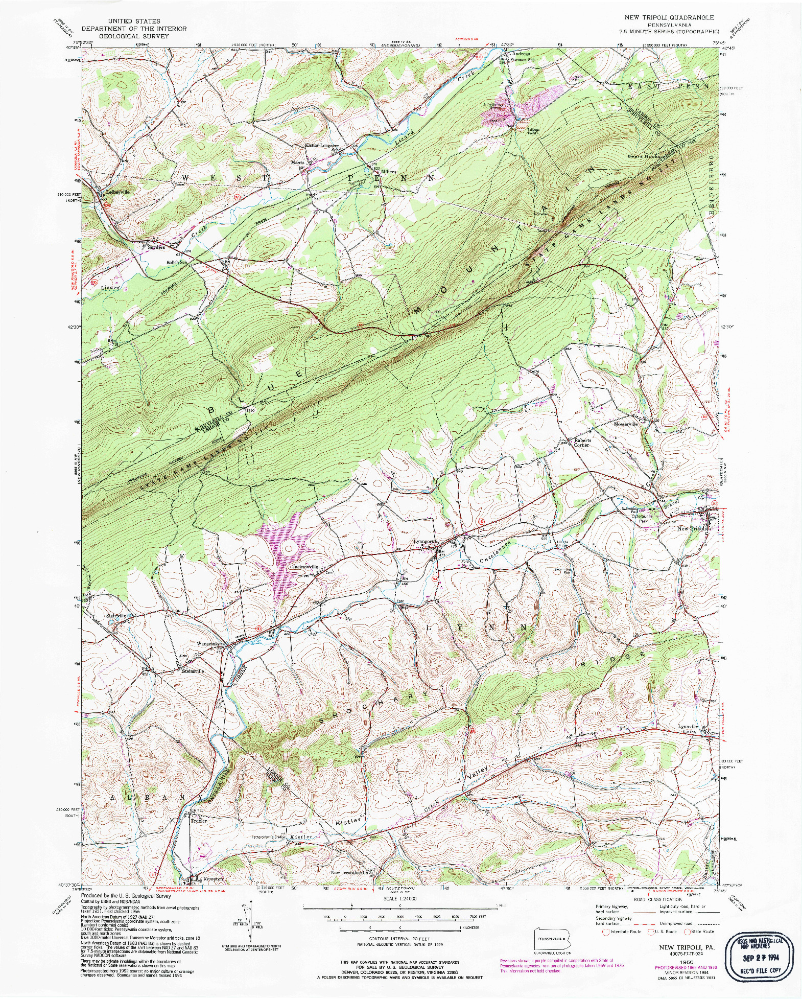 USGS 1:24000-SCALE QUADRANGLE FOR NEW TRIPOLI, PA 1956