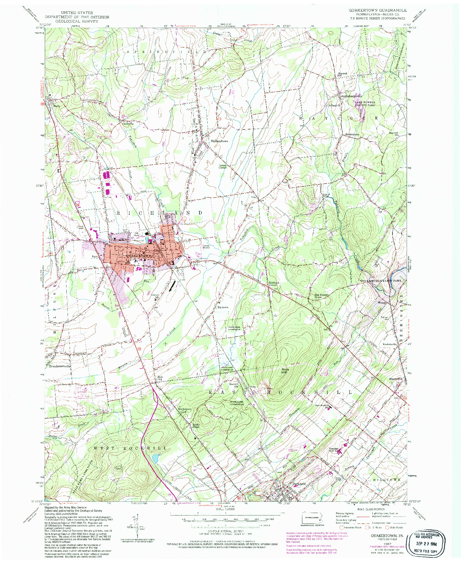 USGS 1:24000-SCALE QUADRANGLE FOR QUAKERTOWN, PA 1957