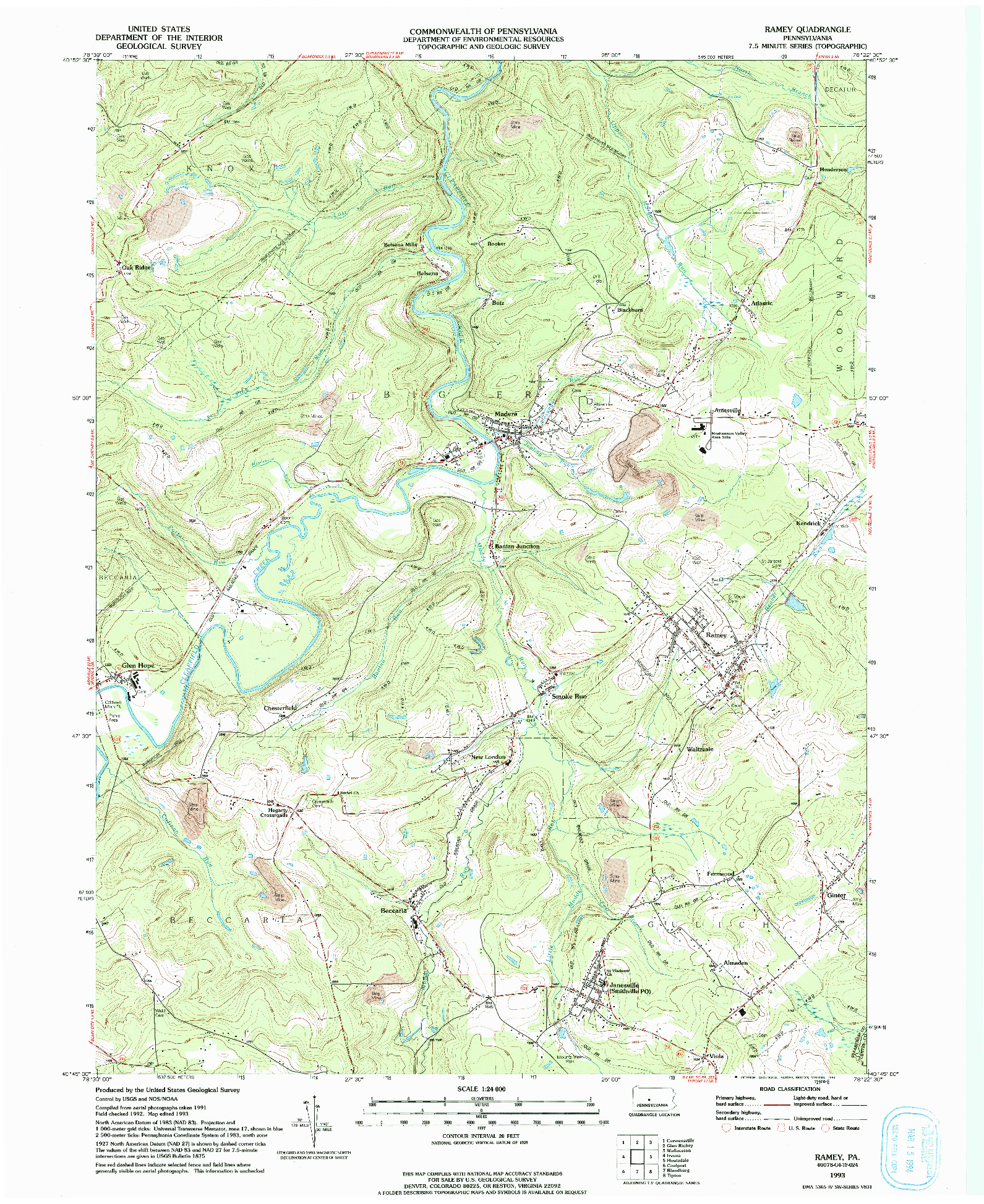 USGS 1:24000-SCALE QUADRANGLE FOR RAMEY, PA 1993
