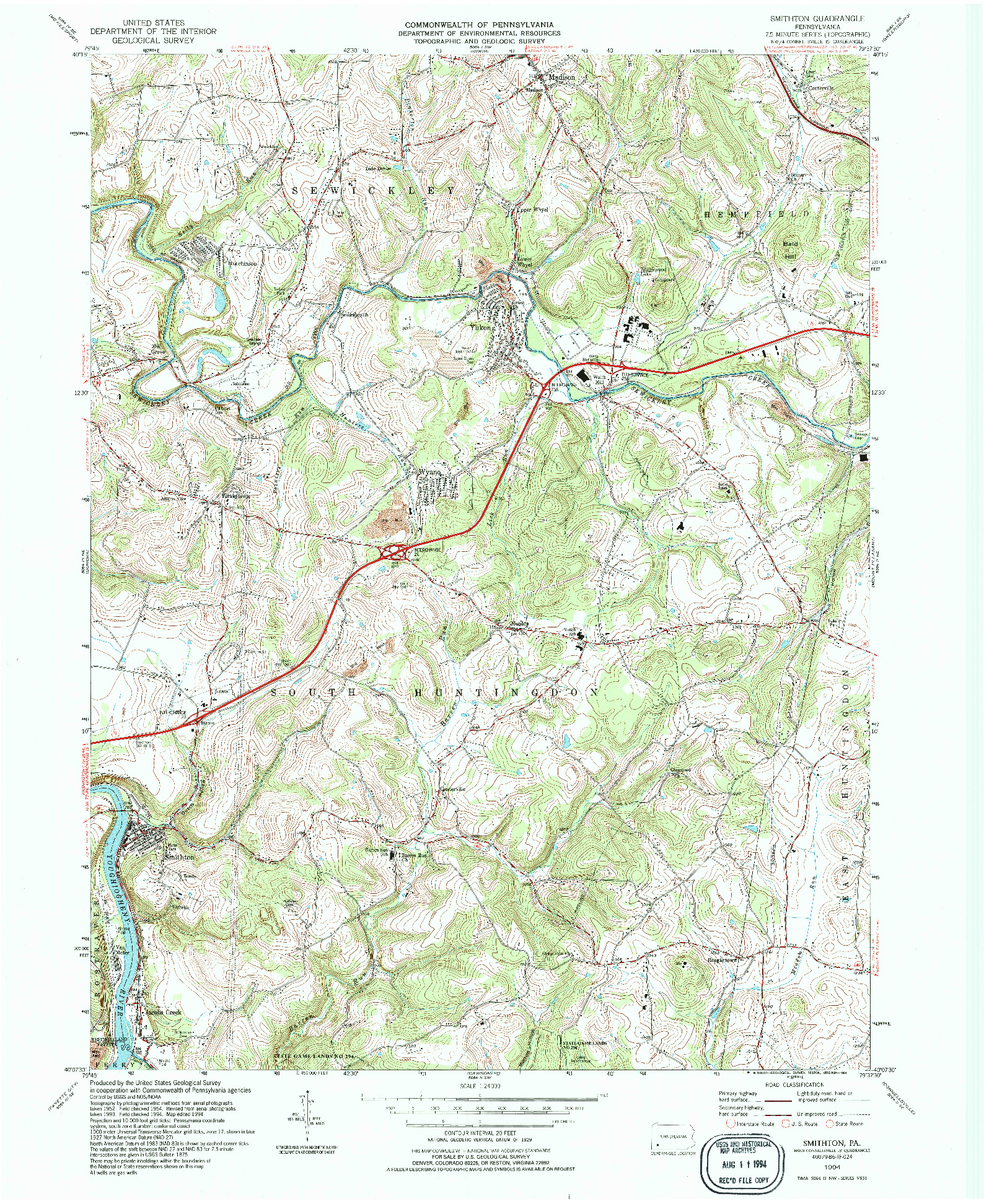 USGS 1:24000-SCALE QUADRANGLE FOR SMITHTON, PA 1994