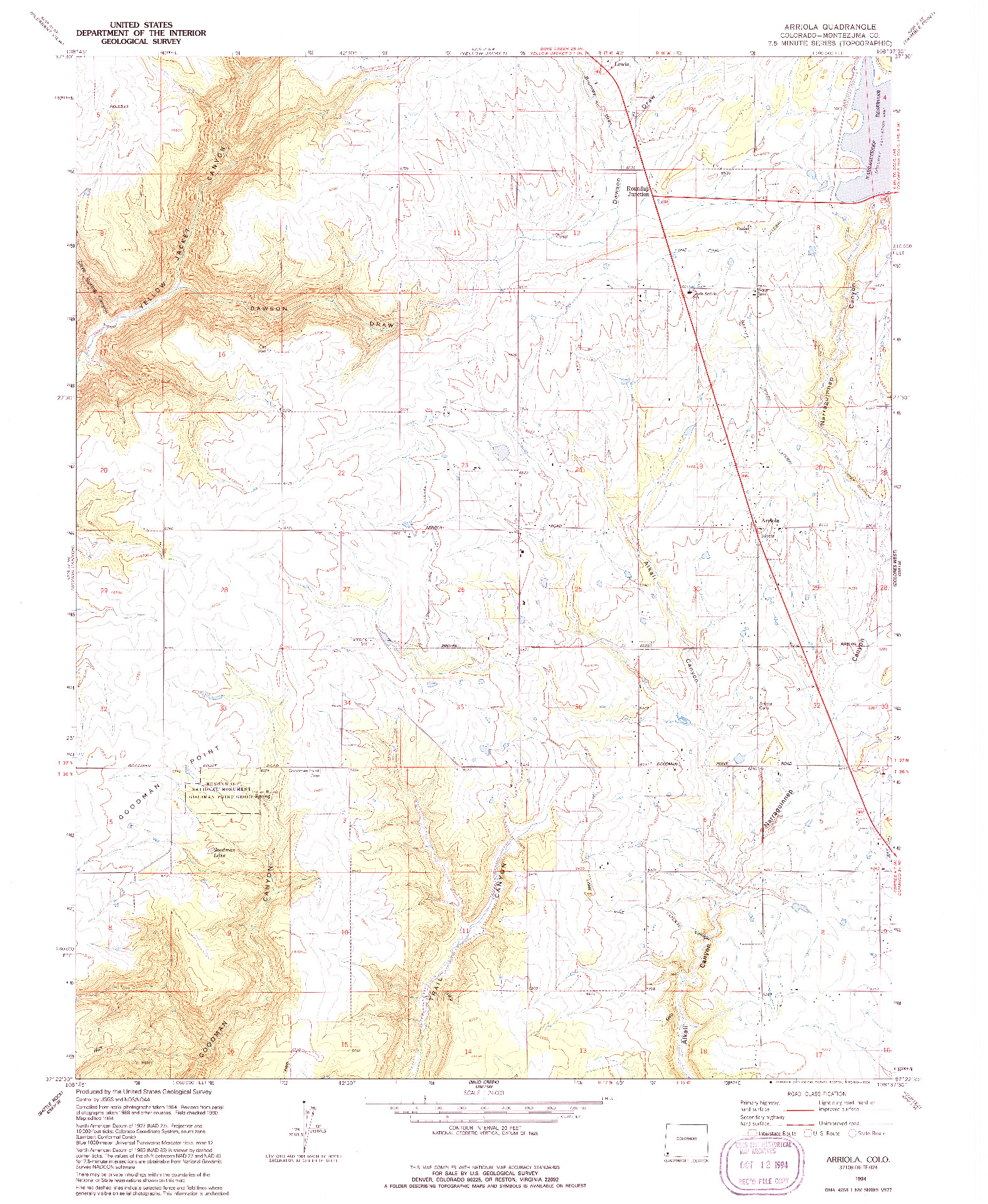 USGS 1:24000-SCALE QUADRANGLE FOR ARRIOLA, CO 1994